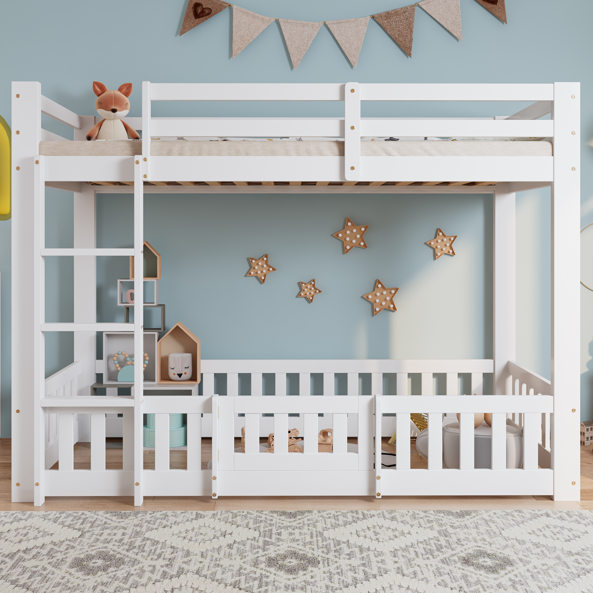 Lit superposé 90 x 200 cm, escalier d’angle, garde-corps, espace sous le lit aménageable, rangements intégrés, bois de pin, blanc, 204 x 100,5 x 150 cm 🛏️🪜 - vue principale 1