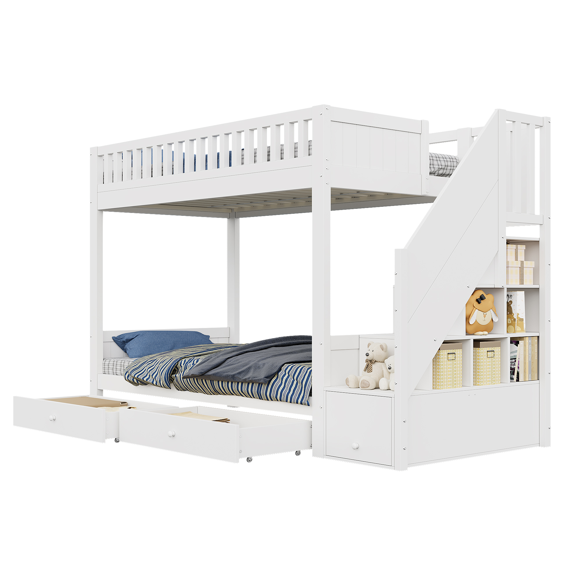 Lit superposé 90 x 200 cm / 95 x 165 cm avec 2 tiroirs, escalier avec rangement, LED, bois massif et MDF, Blanc - fonctions