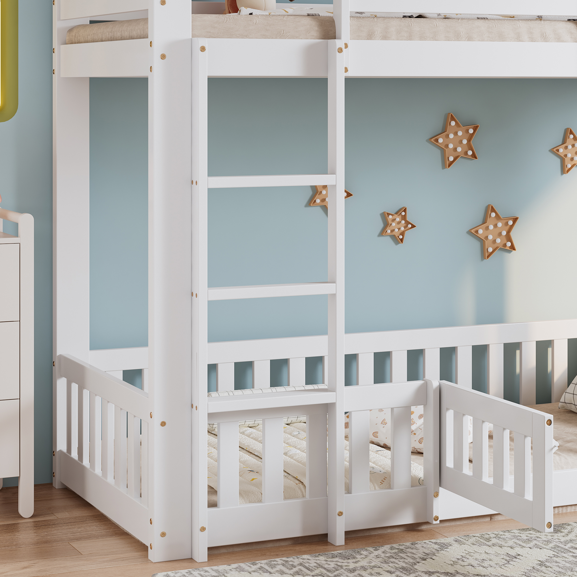 Lit superposé 90 x 200 cm, escalier d’angle, garde-corps, espace sous le lit aménageable, rangements intégrés, bois de pin, blanc, 204 x 100,5 x 150 cm 🛏️🪜 - spécifications 1