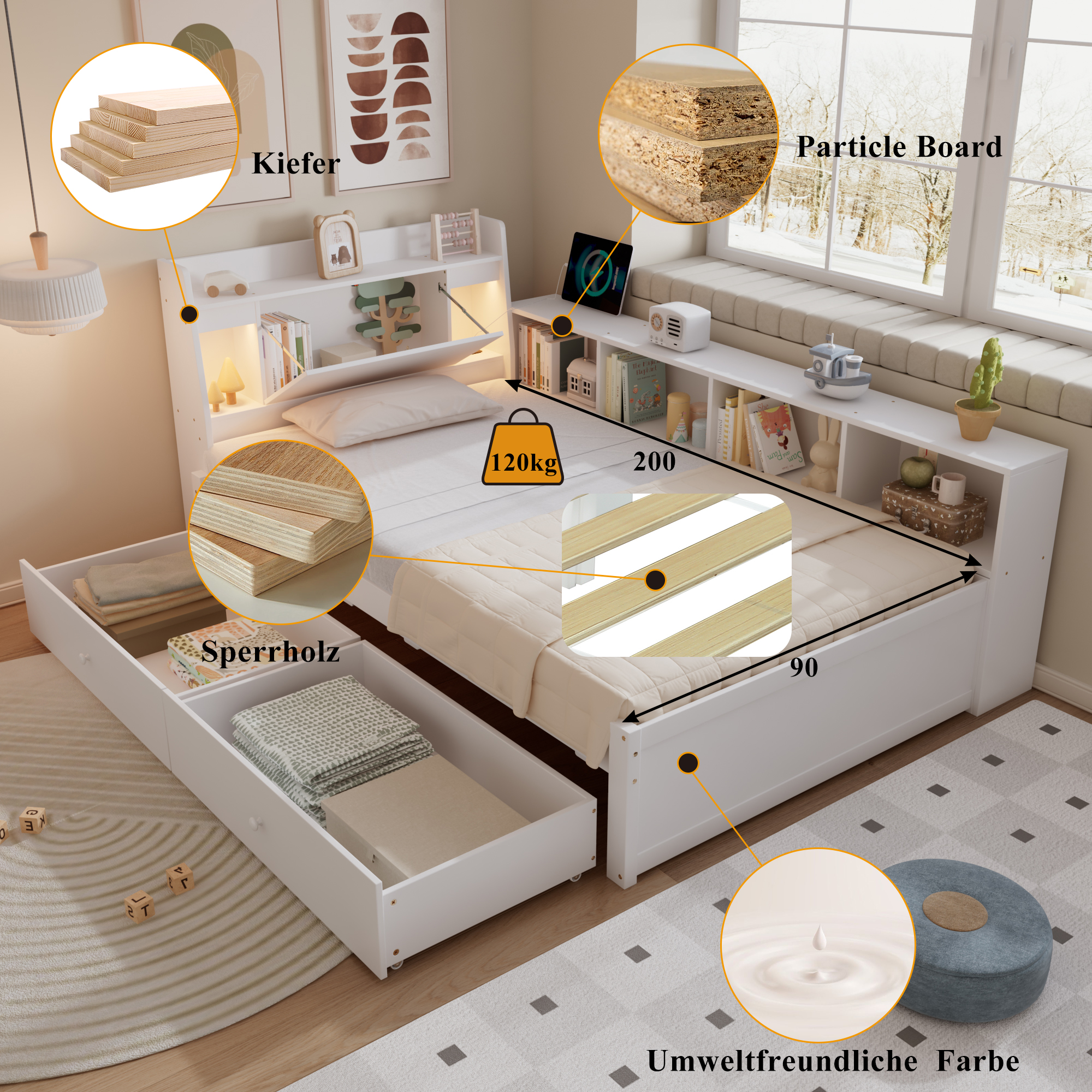 Einzelbett, Paneelbett, Kopfteil mit Ablagefach + 