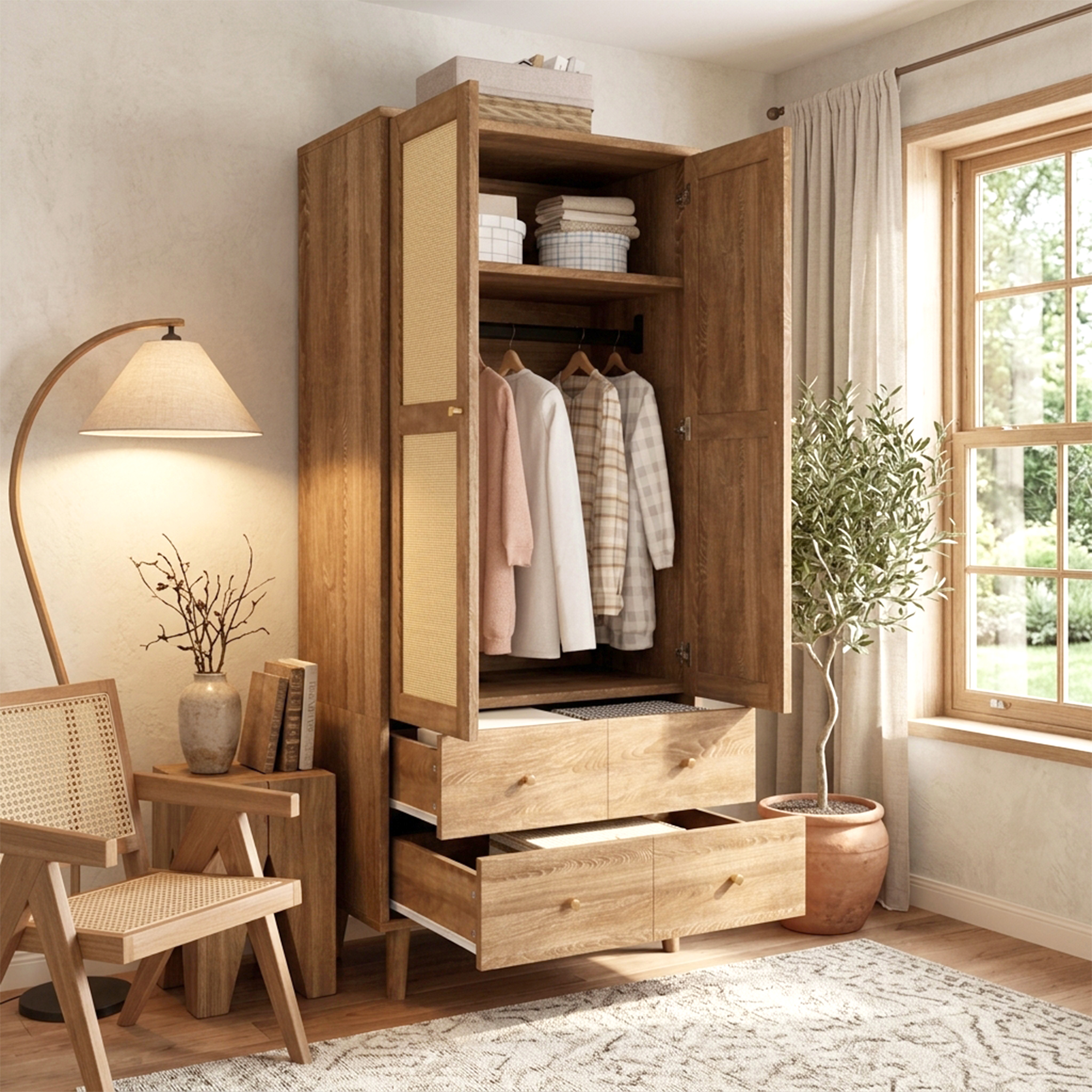 Armoire ouverte avec penderie et rangements