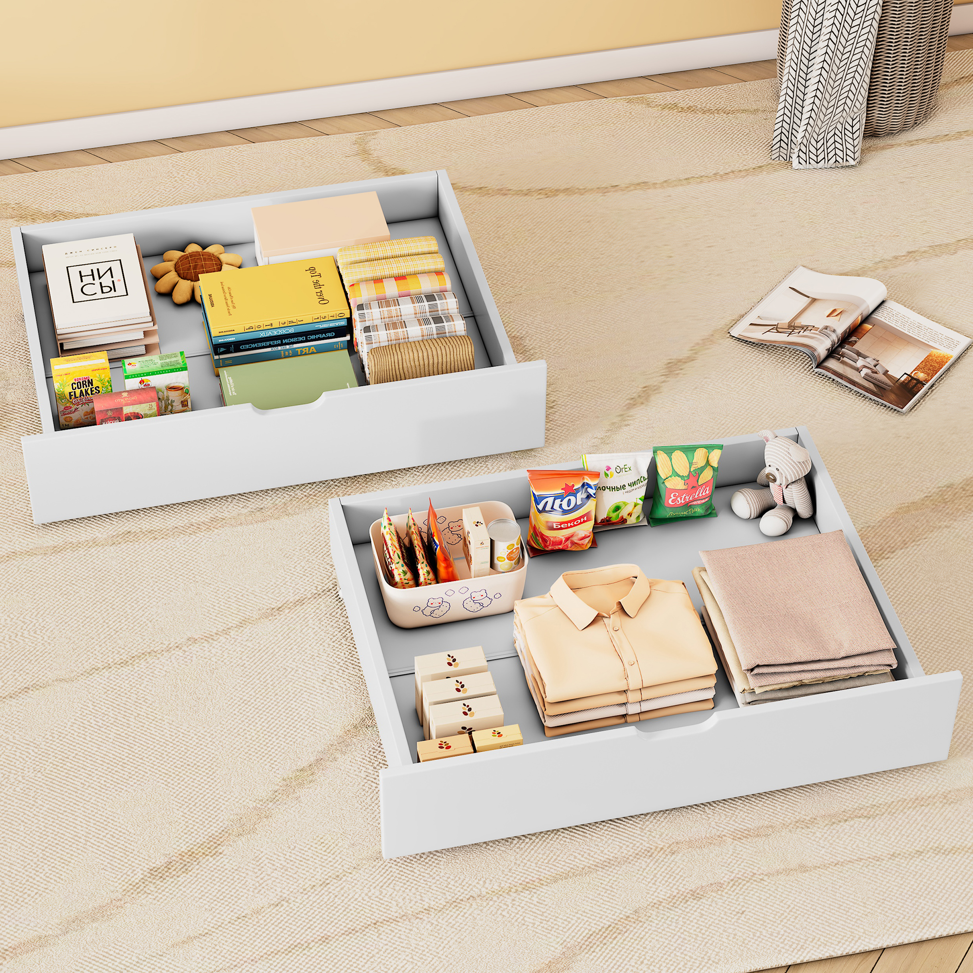Tiroirs de rangement sous lit en MDF avec roulettes, blanc, 93x67x17 cm 1