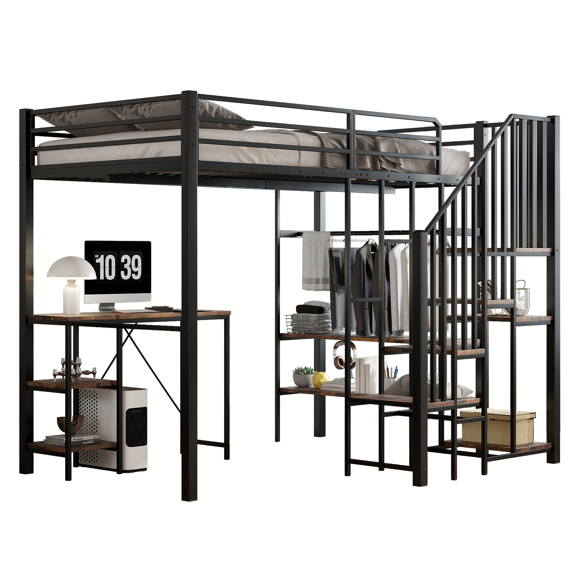 Lit mezzanine en fer avec bureau, étagères ouvertes, penderie ouverte latérale avec tringle, échelle-coffre 4 marches, pour chambre et étude, beaucoup de rangement, utilisation polyvalente, stabilité, fonctionnalité - image 12