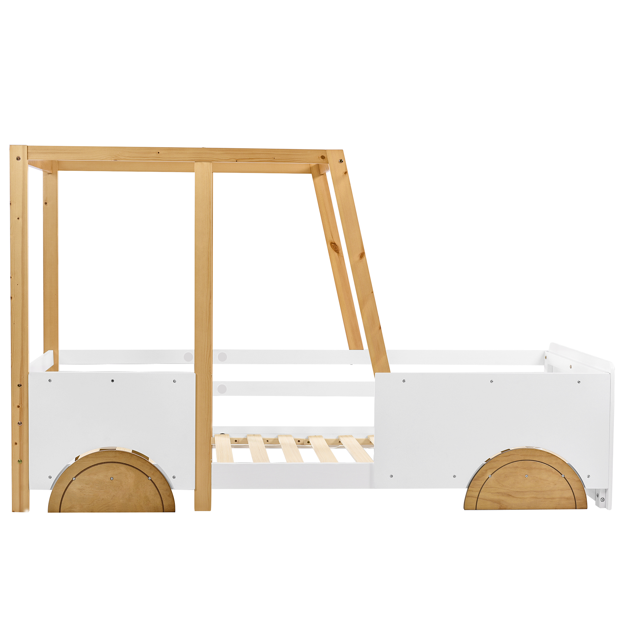 Lit enfant en forme de voiture, couleurs blanc/naturel/marron, autocollants vis, pour chambre d'enfant, design ludique, rêve automobile, sécurité renforcée, style charmant, stabilité, décoration, fonctionnalité - image 15