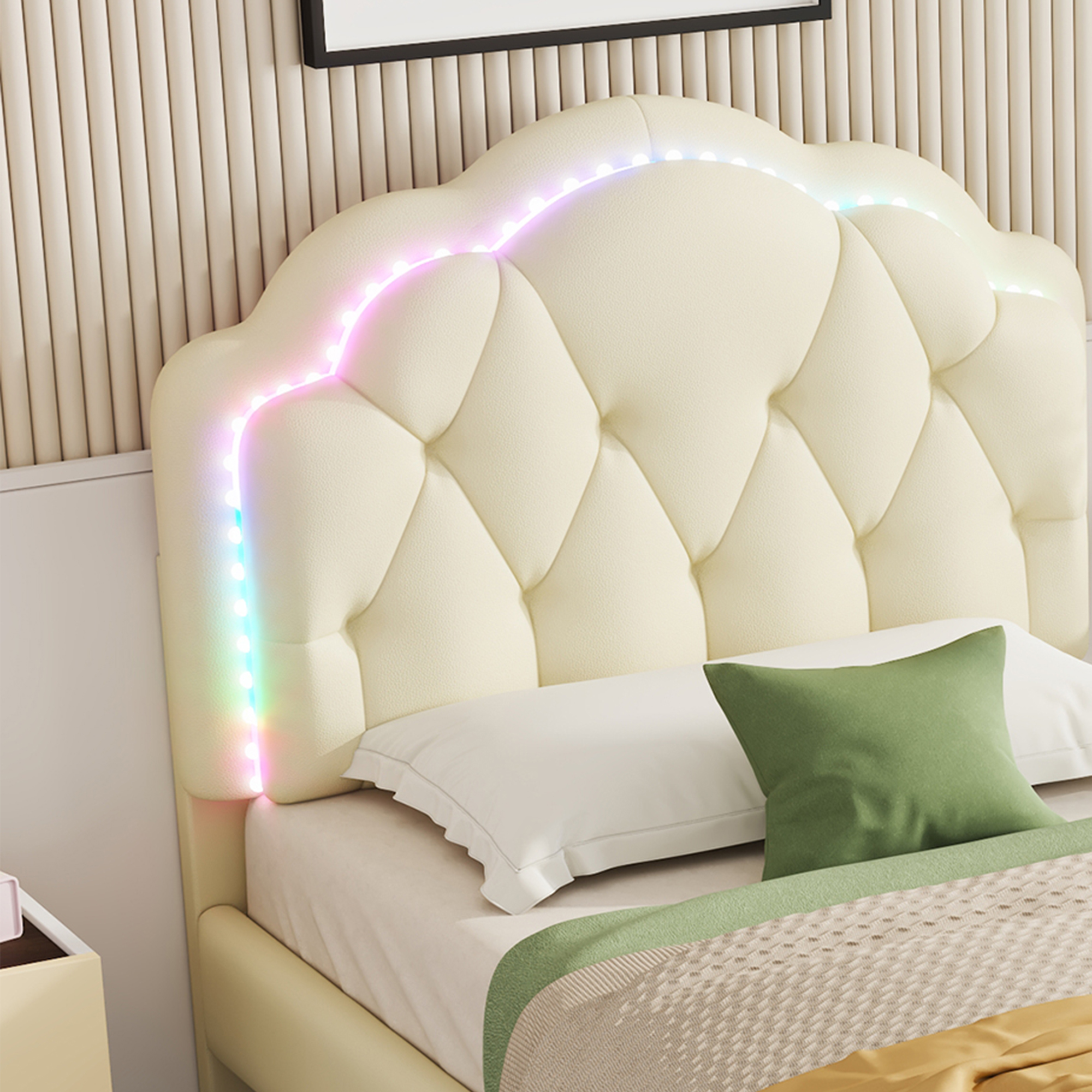 Lit enfant en PU avec LED multicolores effet course, tête ondulée avec boutons, pour chambre d'enfant, ambiance ludique, design élégant, confort, facile entretien, style moderne, fonctionnalité - image 20