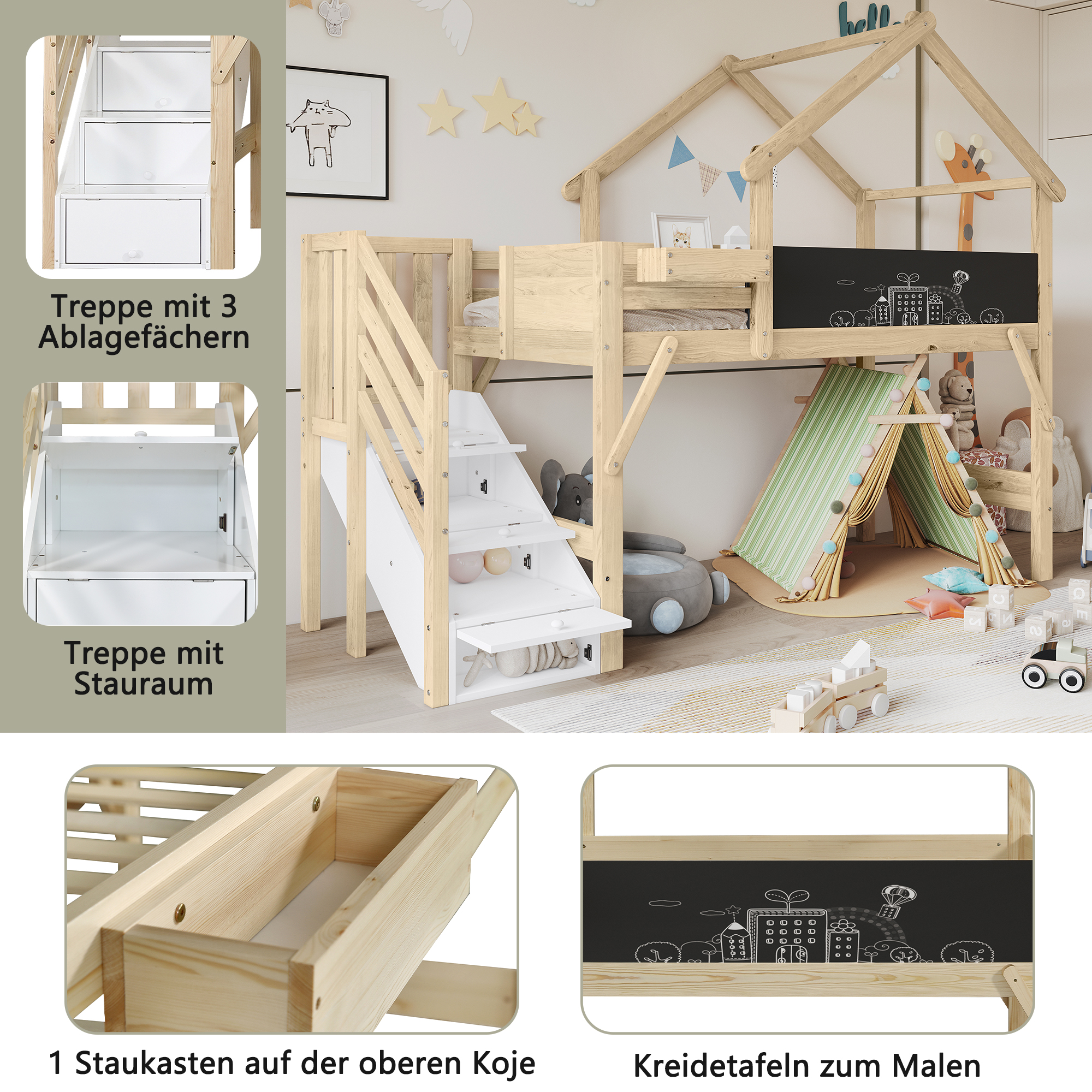 Détail des trois compartiments de l’escalier et du tableau noir