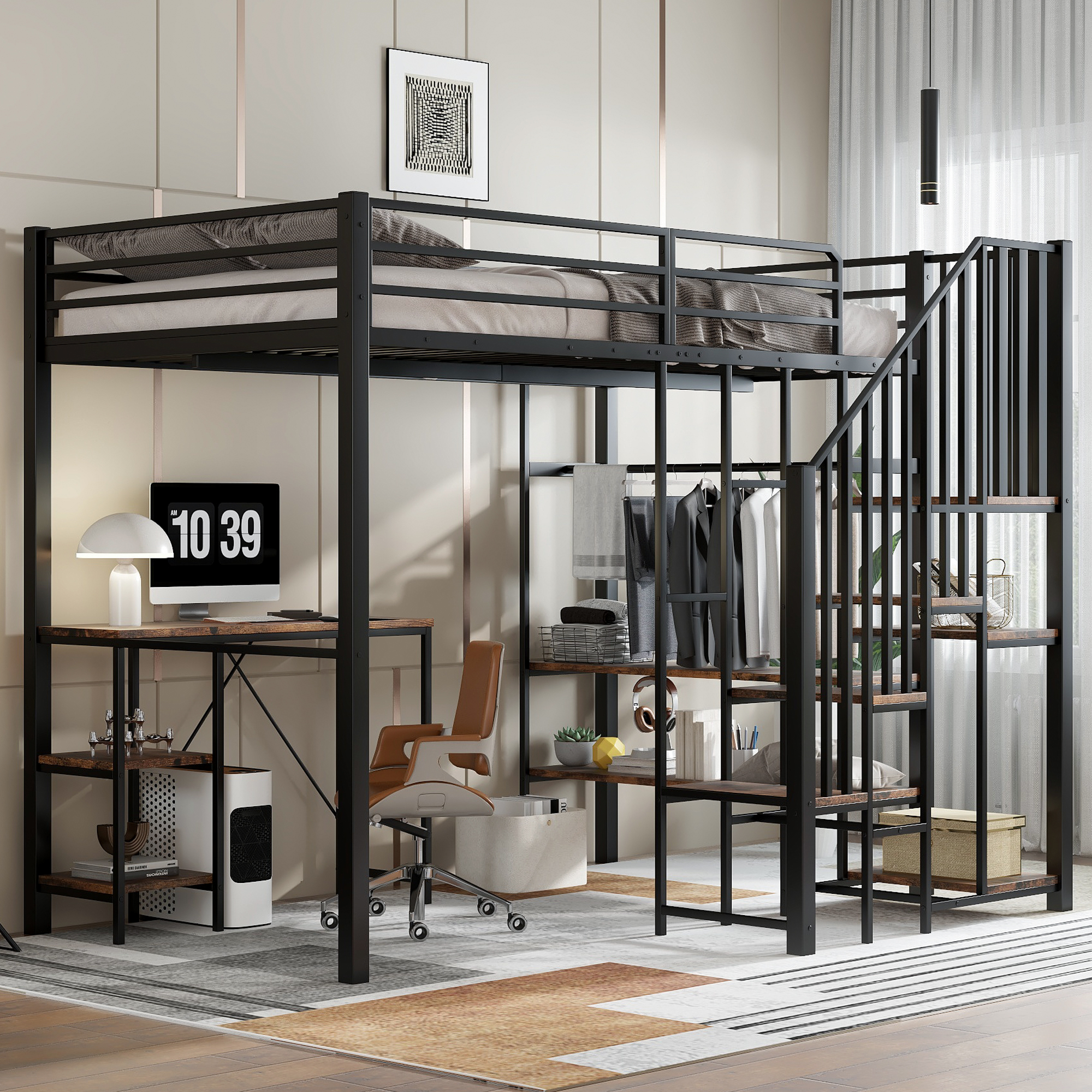 Lit mezzanine en fer avec bureau, étagères ouvertes, penderie ouverte latérale avec tringle, échelle-coffre 4 marches, pour chambre et étude, beaucoup de rangement, utilisation polyvalente, stabilité, fonctionnalité - image 1