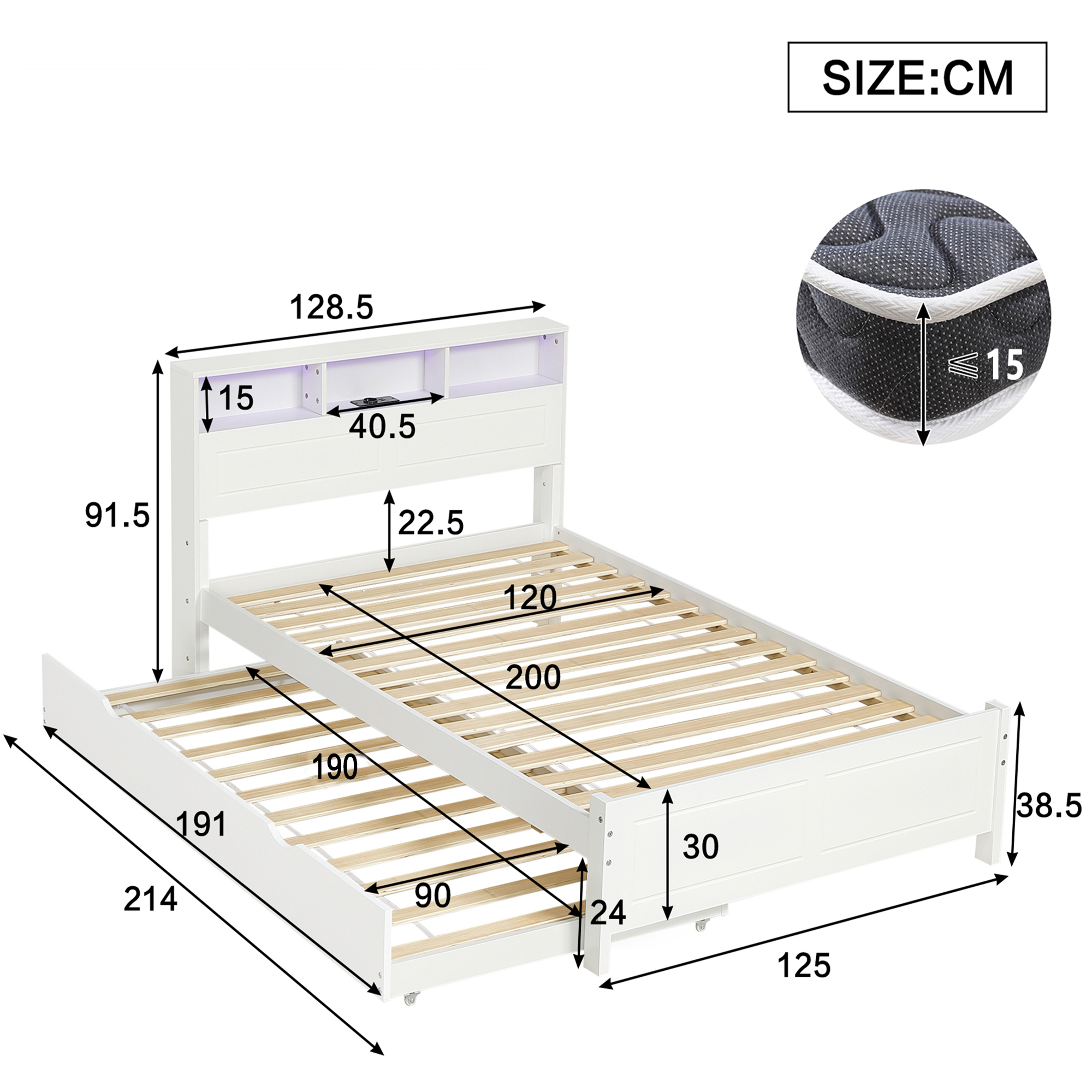 Lit double familial avec lit tirant 90x190 cm, LED et rangements, pin et MDF, blanc, 120x200 cm 3