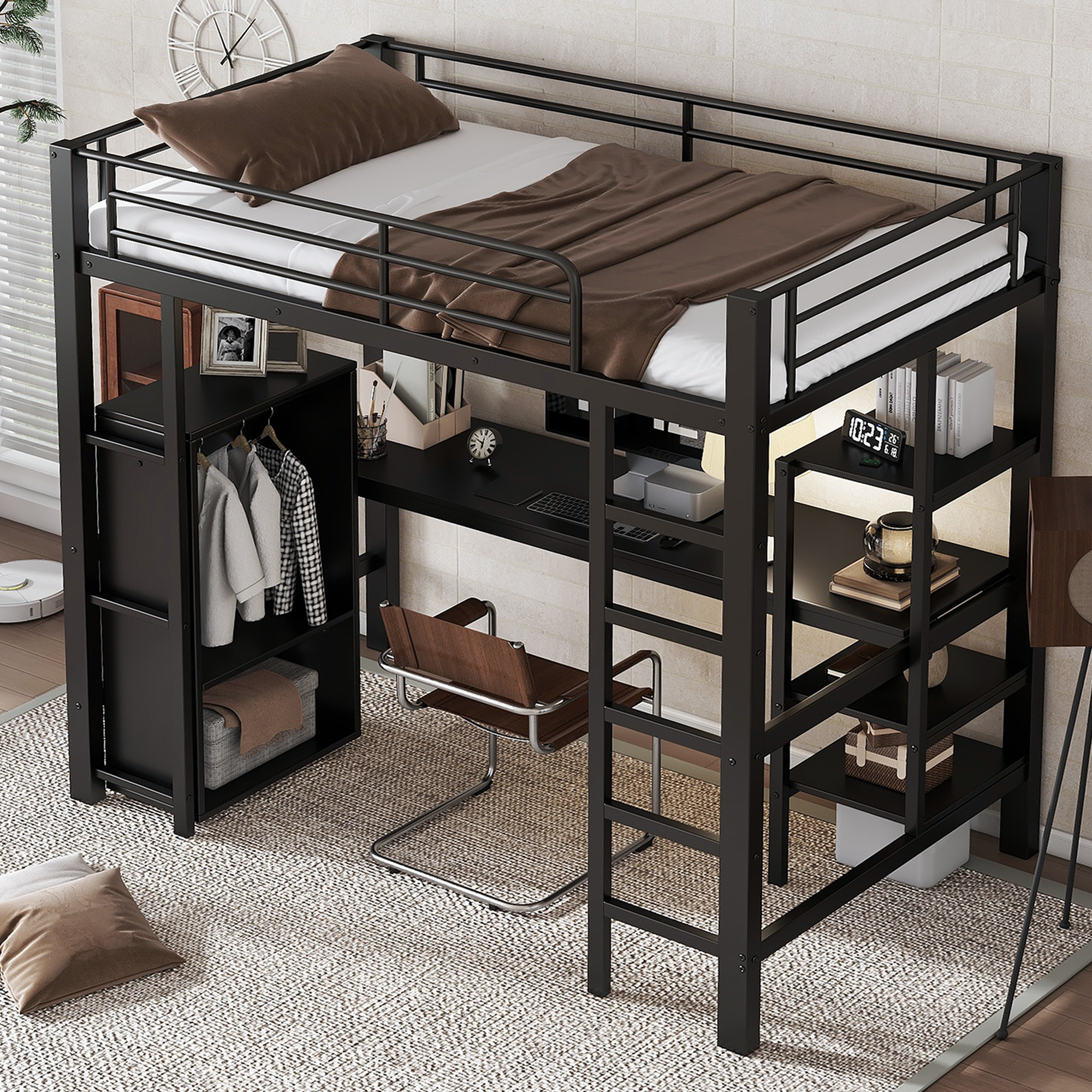 Lit mezzanine en fer noir avec bureau, placard et étagères, 90x200 cm 2