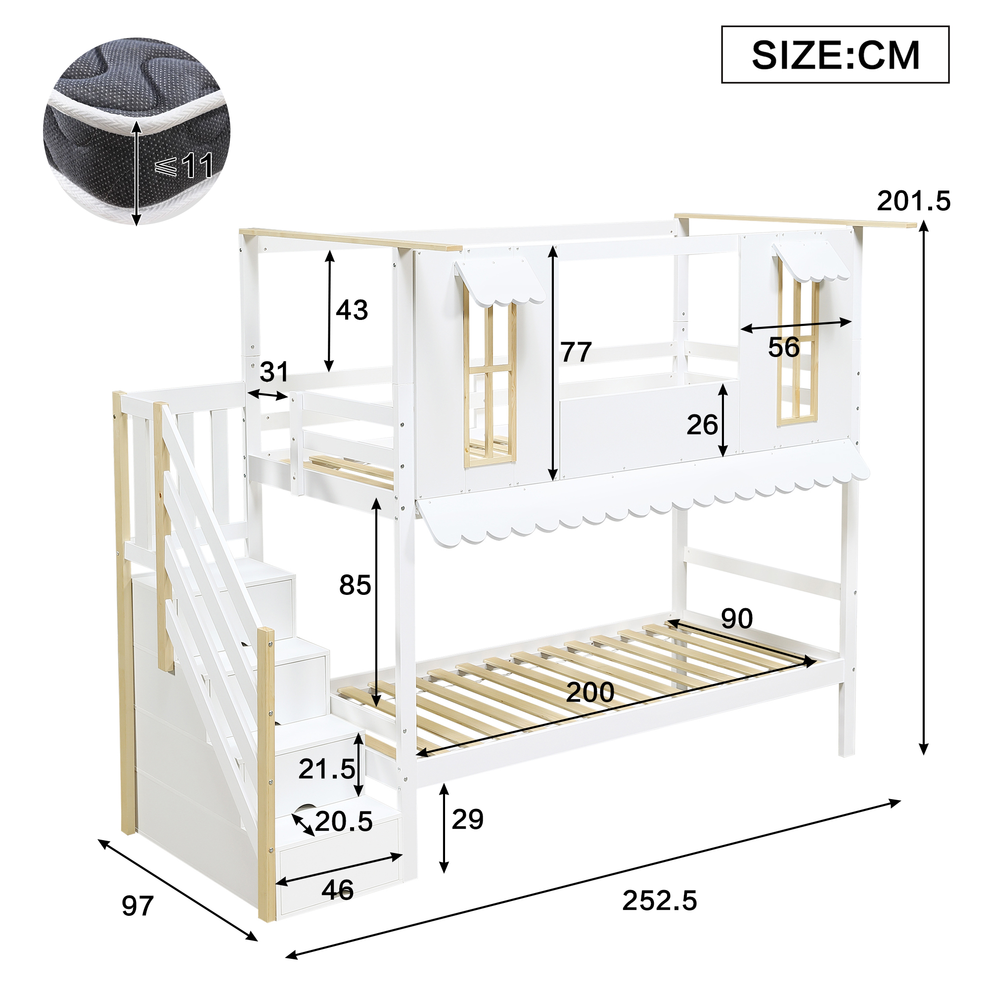 Lit superposé 90 x 200 cm 252,5x97x201,5 cm avec rangements, escalier en bois massif et MDF blanc et naturel - points forts 1