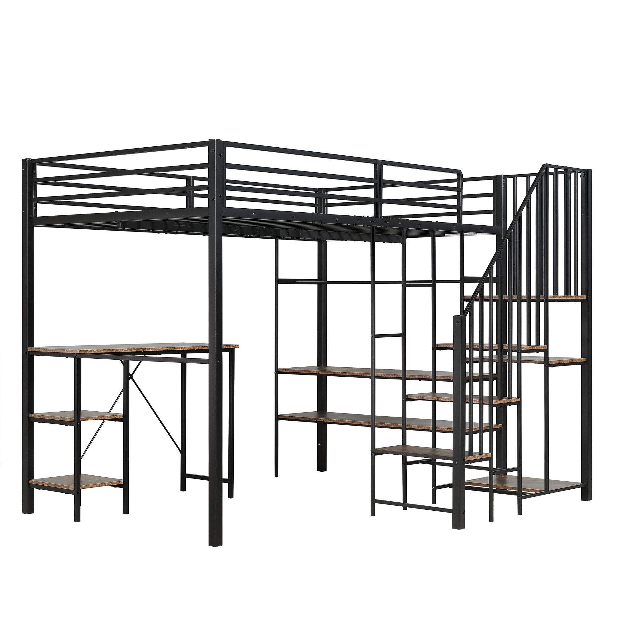 Lit mezzanine en fer avec bureau, étagères ouvertes, penderie ouverte latérale avec tringle, échelle-coffre 4 marches, pour chambre et étude, beaucoup de rangement, utilisation polyvalente, stabilité, fonctionnalité - image 14