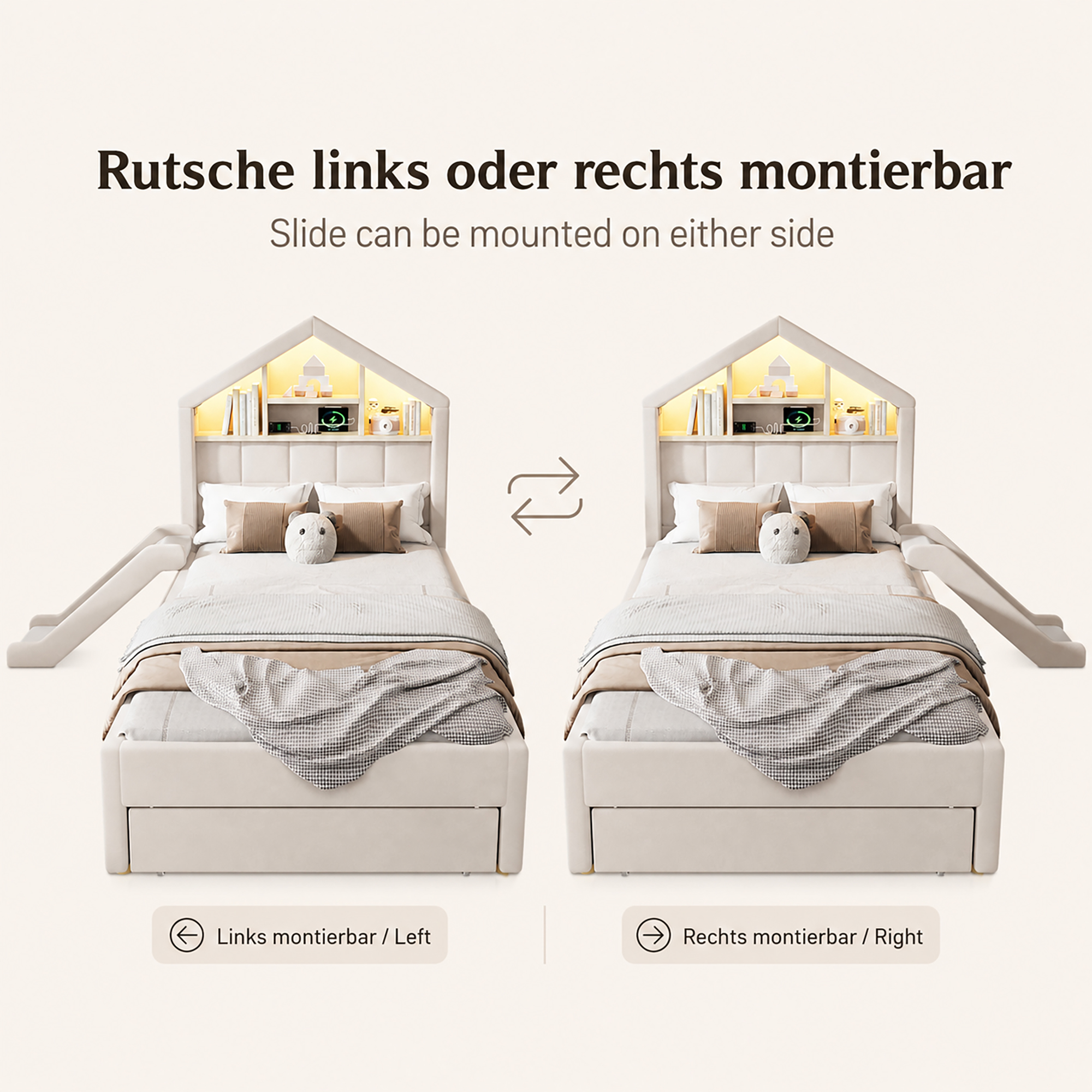 Dimensions du lit enfant rembourré Beige 90 x 200 cm avec toboggan et rangement