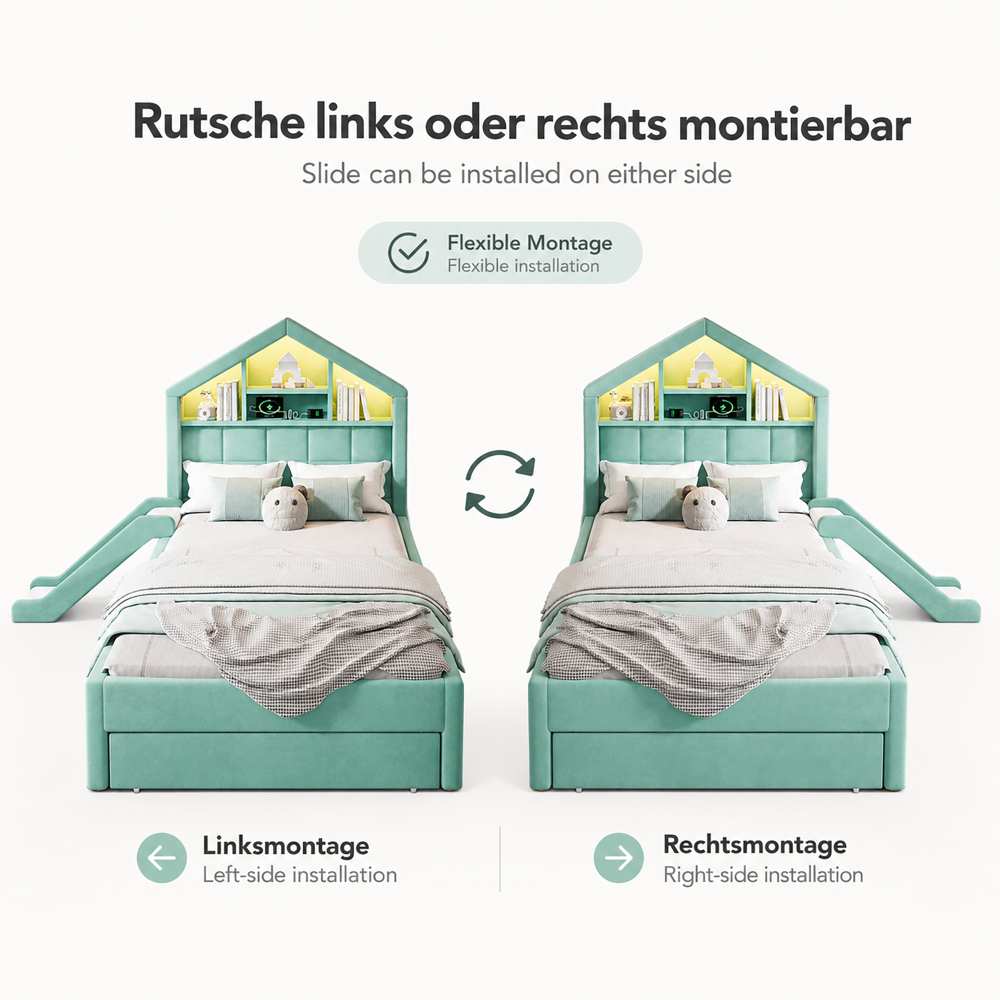 Lit cabane 90 x 200 cm avec échelle, toboggan, LED, ports de charge, velours, Bleu-vert - vue complémentaire