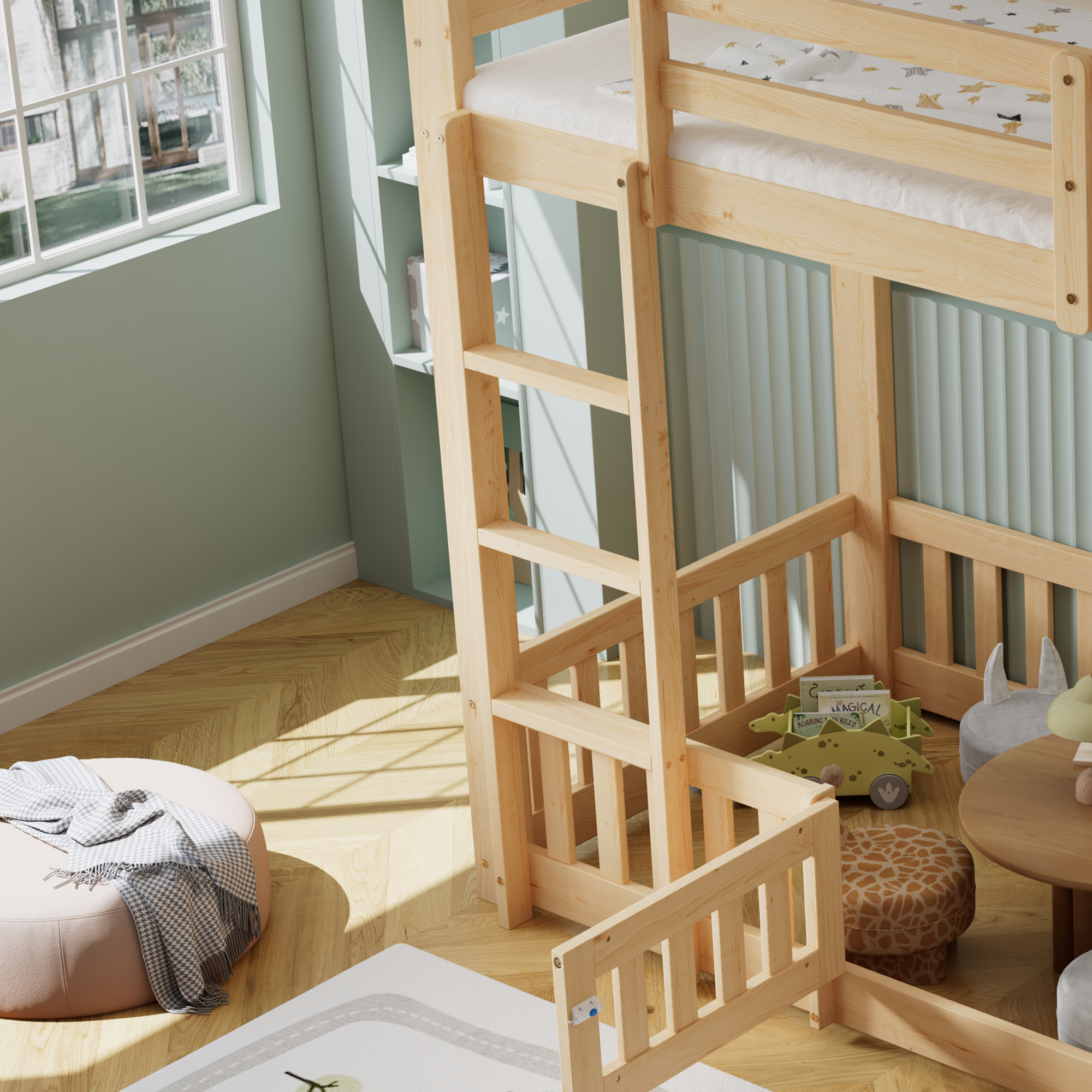 Lit superposé 90 x 200 cm, escalier d’angle, garde-corps, espace sous le lit aménageable, rangements intégrés, bois de pin, effet bois naturel, 204 x 100,5 x 150 cm 🛏️🪜 - points forts 1