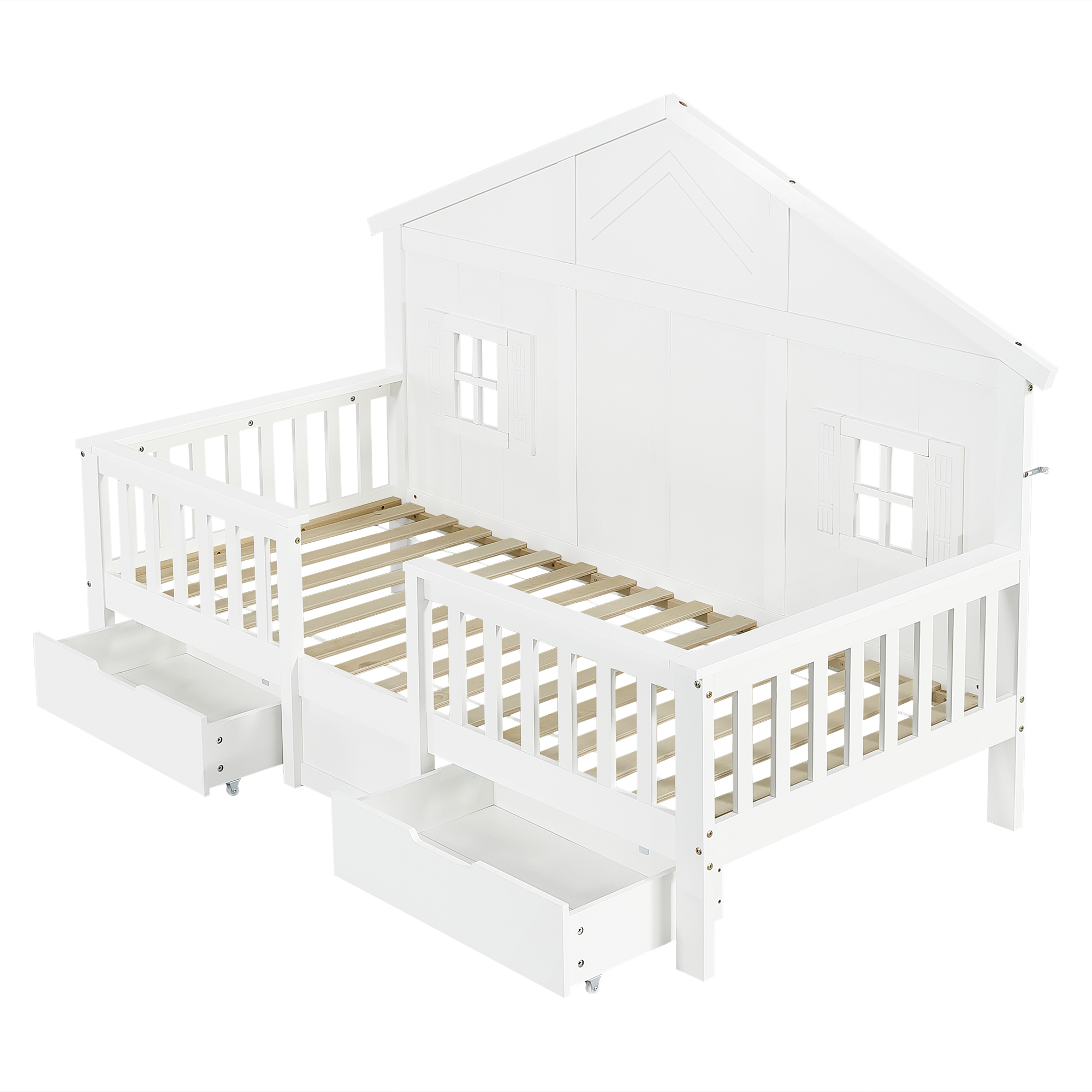 Lit enfant en bois blanc avec toit et fen¨ºtres - Vue principale