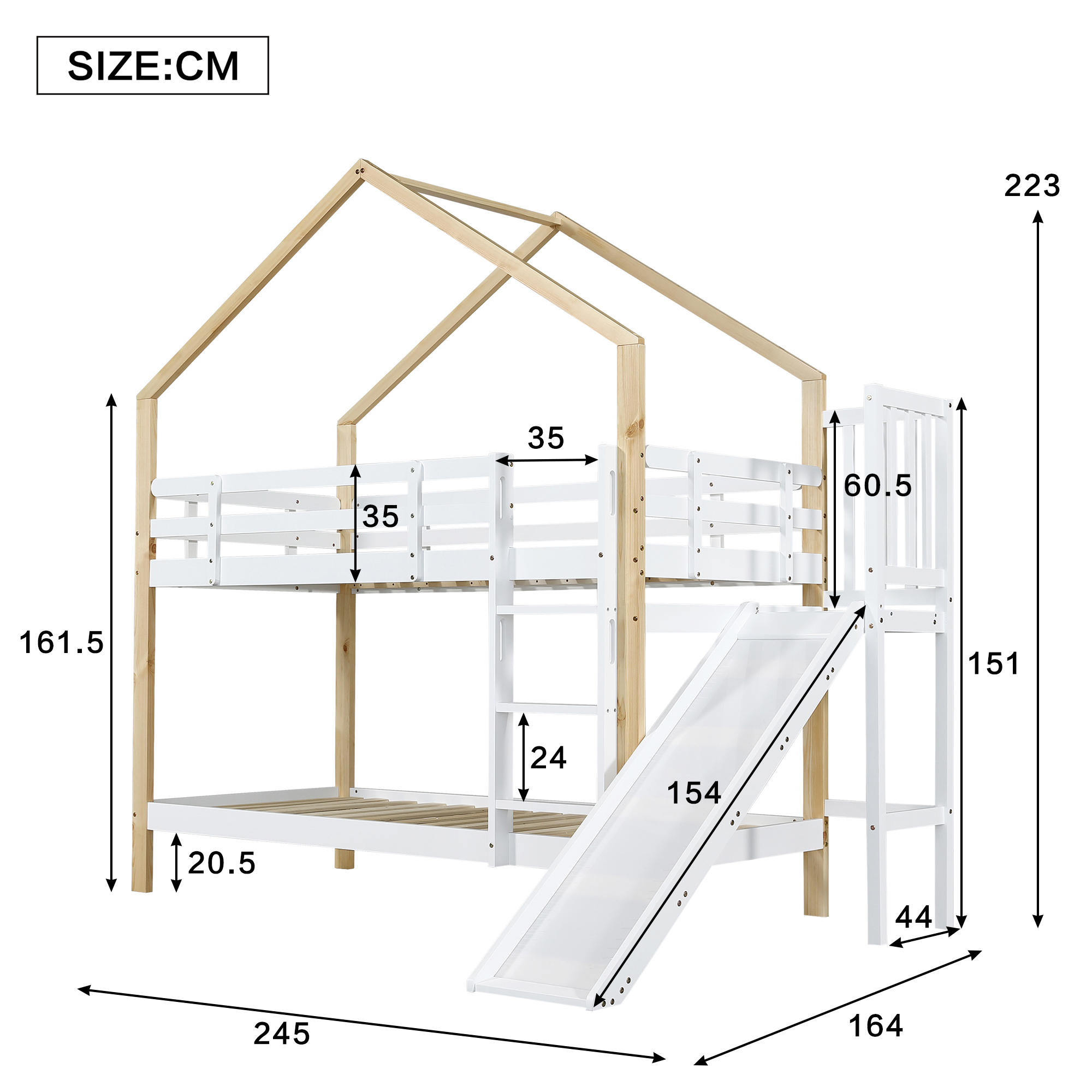 Lit mezzanine enfant avec toboggan, toit et échelle d'angle, pin et MDF, blanc et naturel, 90x200 cm 6
