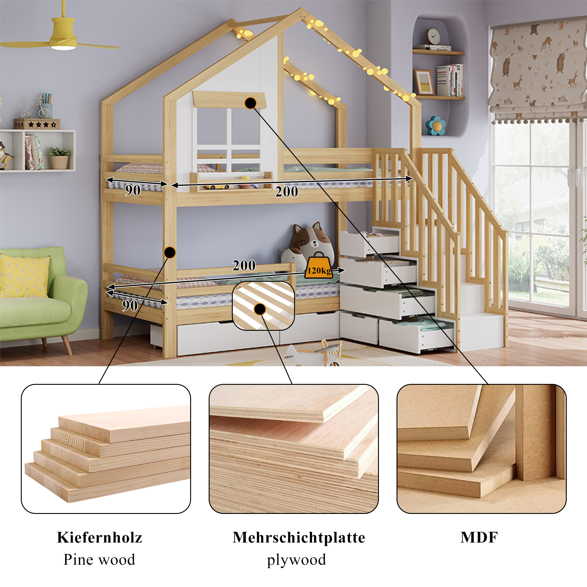 Lit superposé, mobile sur roulettes, avec tiroirs, 204,5 x 192,5 x 234 cm, bois et MDF, bois naturel - vue 2
