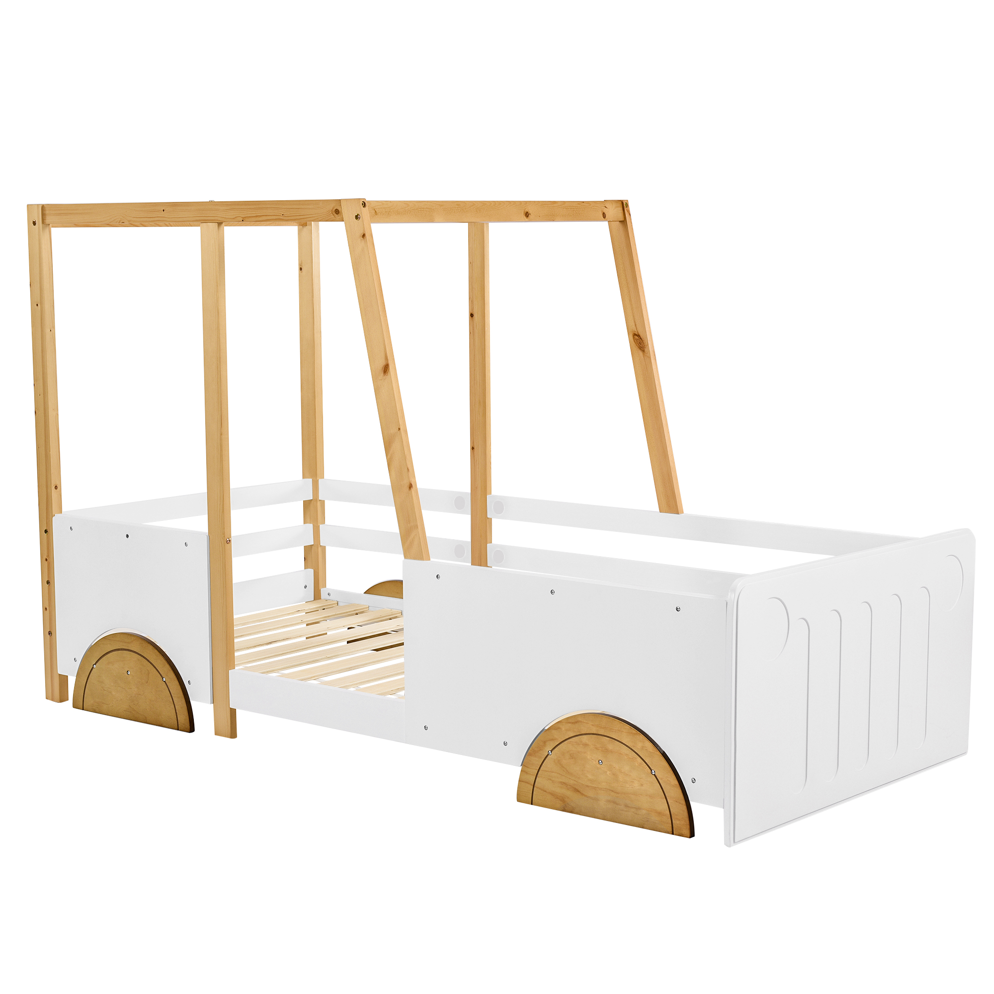 Lit enfant en forme de voiture, couleurs blanc/naturel/marron, autocollants vis, pour chambre d'enfant, design ludique, rêve automobile, sécurité renforcée, style charmant, stabilité, décoration, fonctionnalité - image 13