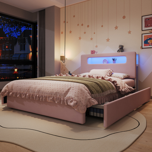 Détails du lit rembourré rose avec tiroirs et éclairage LED