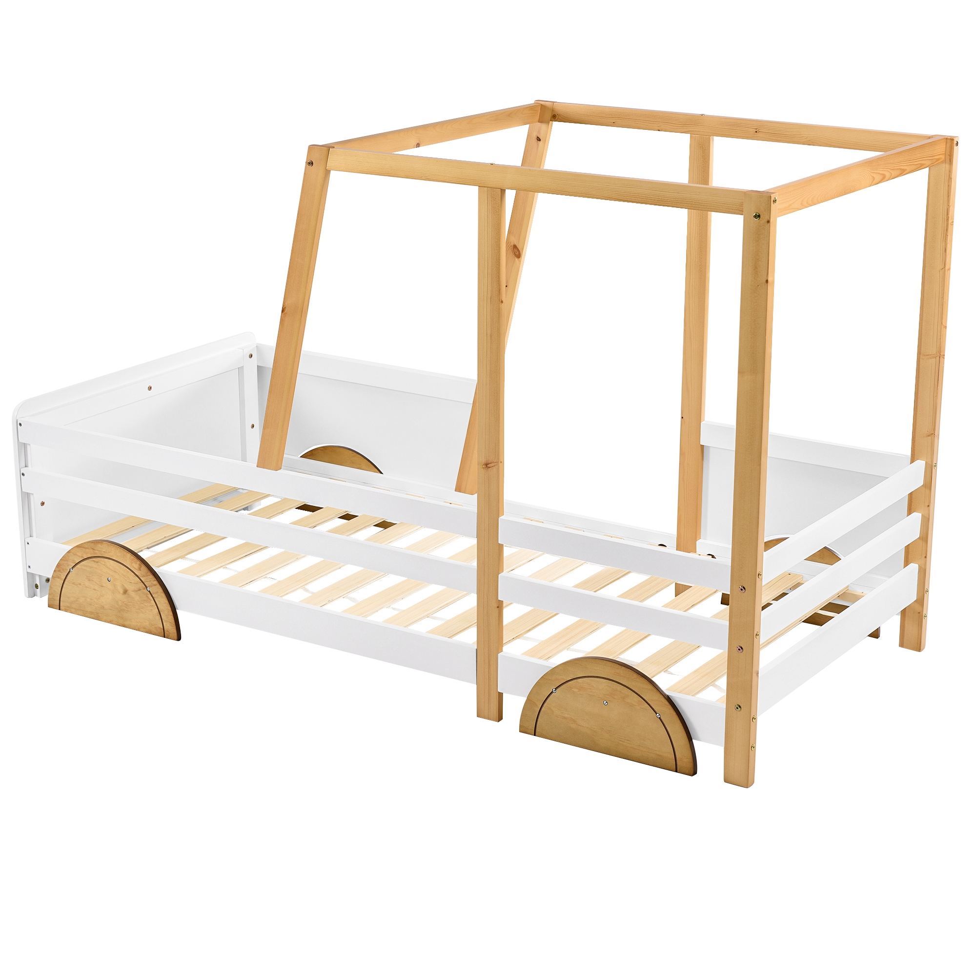 Lit enfant en forme de voiture, couleurs blanc/naturel/marron, autocollants vis, pour chambre d'enfant, design ludique, rêve automobile, sécurité renforcée, style charmant, stabilité, décoration, fonctionnalité - image 10