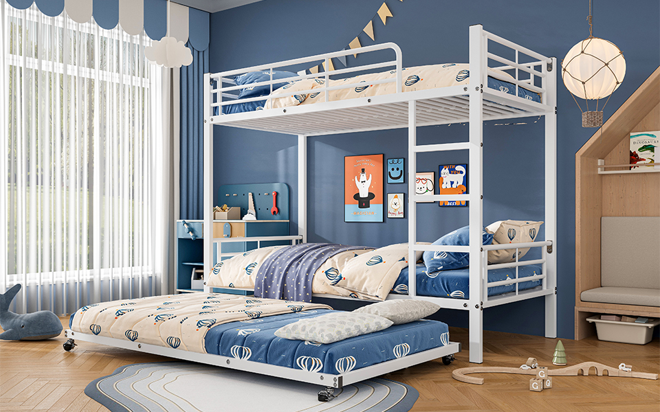 Lit superposé avec lit escamotable, pour matelas 90×200 et 90×190 cm, 4 barrières sécurité, échelle 3 marches, pour chambre d'enfant, gain de place vertical, accès sûr, design stable, style fonctionnel - image 4