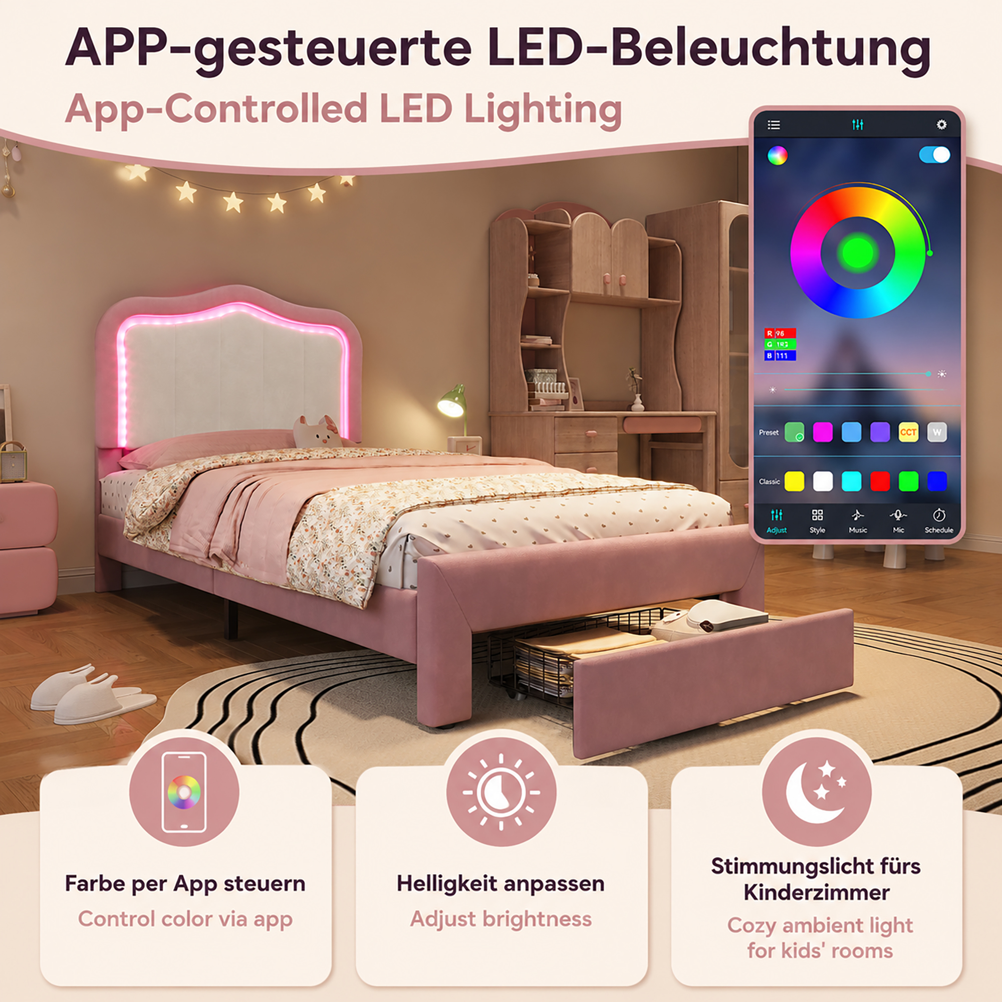 Présentation du lit enfant rose avec tiroir et LED