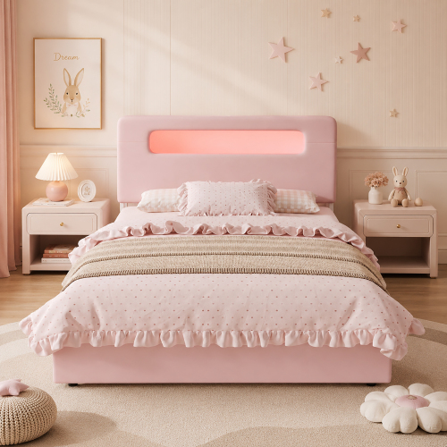 Lit rembourré rose 140x200 cm avec rangement et LED