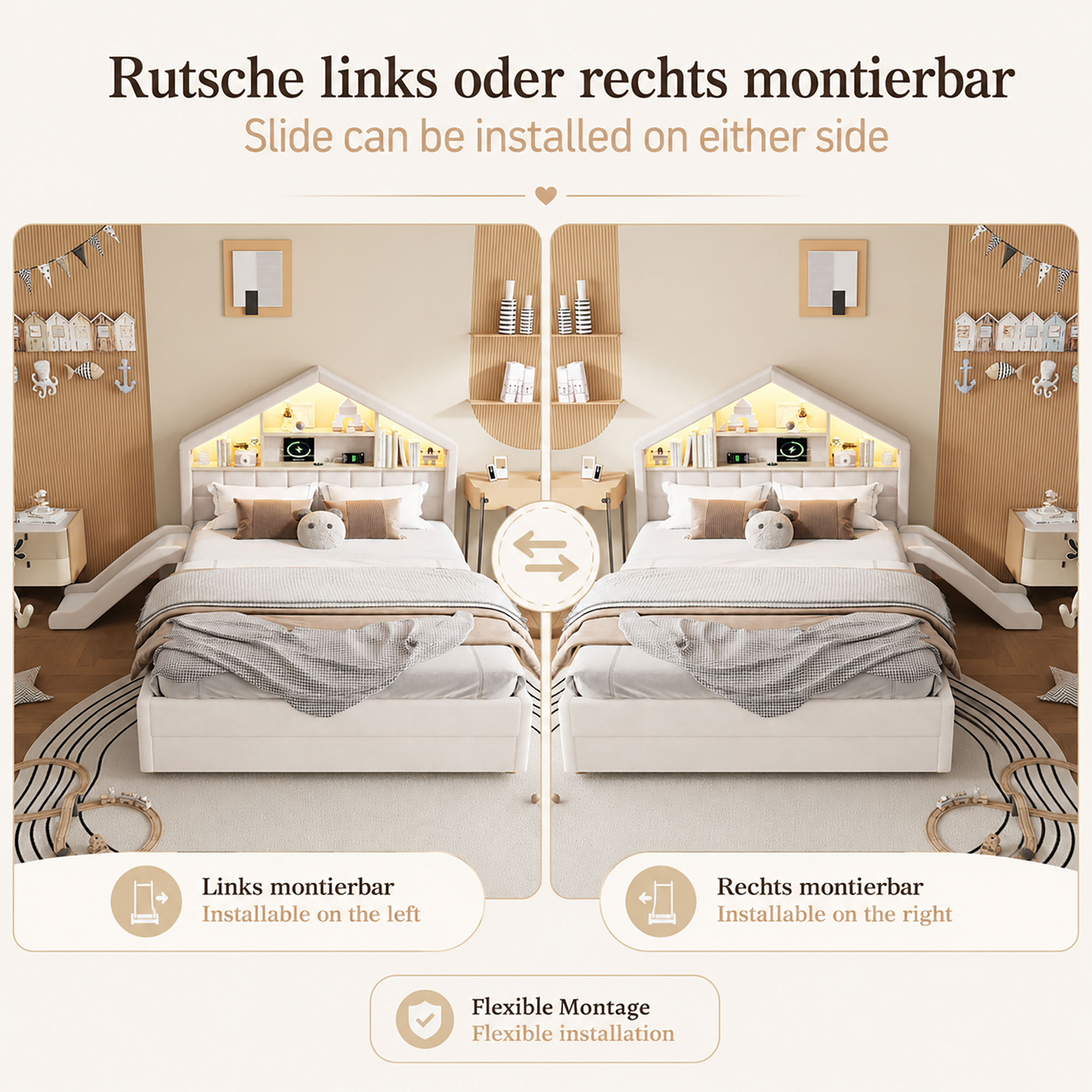 Dimensions du lit enfant rembourré Beige 140 x 200 cm avec toboggan et rangement