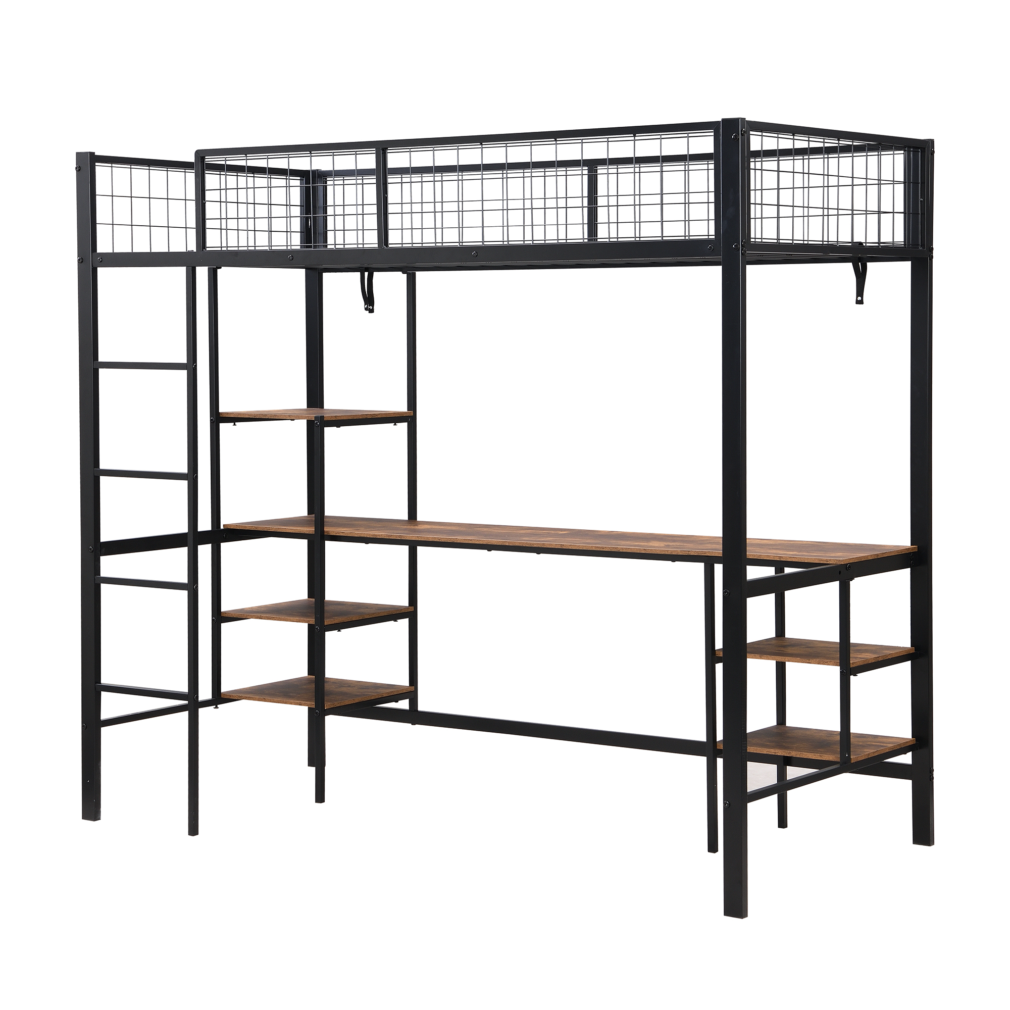 Lit superposé en fer avec échelle 4 marches, niveau inférieur transformé en espace travail et divertissement avec bureau et étagères, design polyvalent maximise l'espace, robuste et durable, pour chambre d'enfant - image 14
