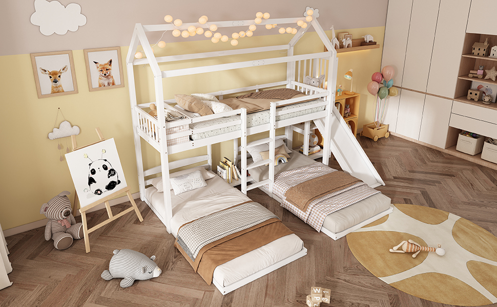 Lit superposé enfant avec toit, toboggan et rangement intégré, pin et MDF, blanc, 90x200 cm 6