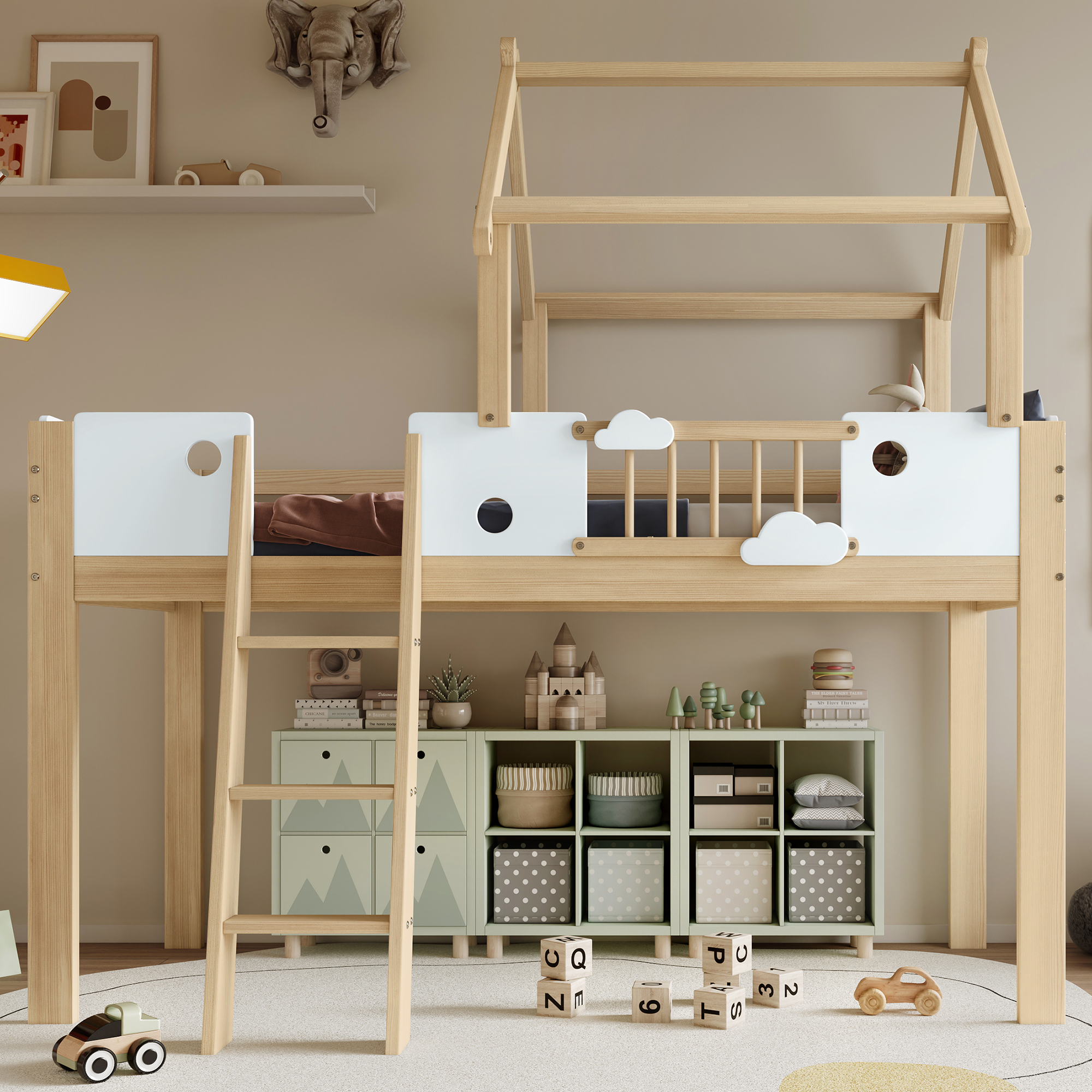 Hochbett, Kinderbett mit Fallschutz und Gitter, Ei