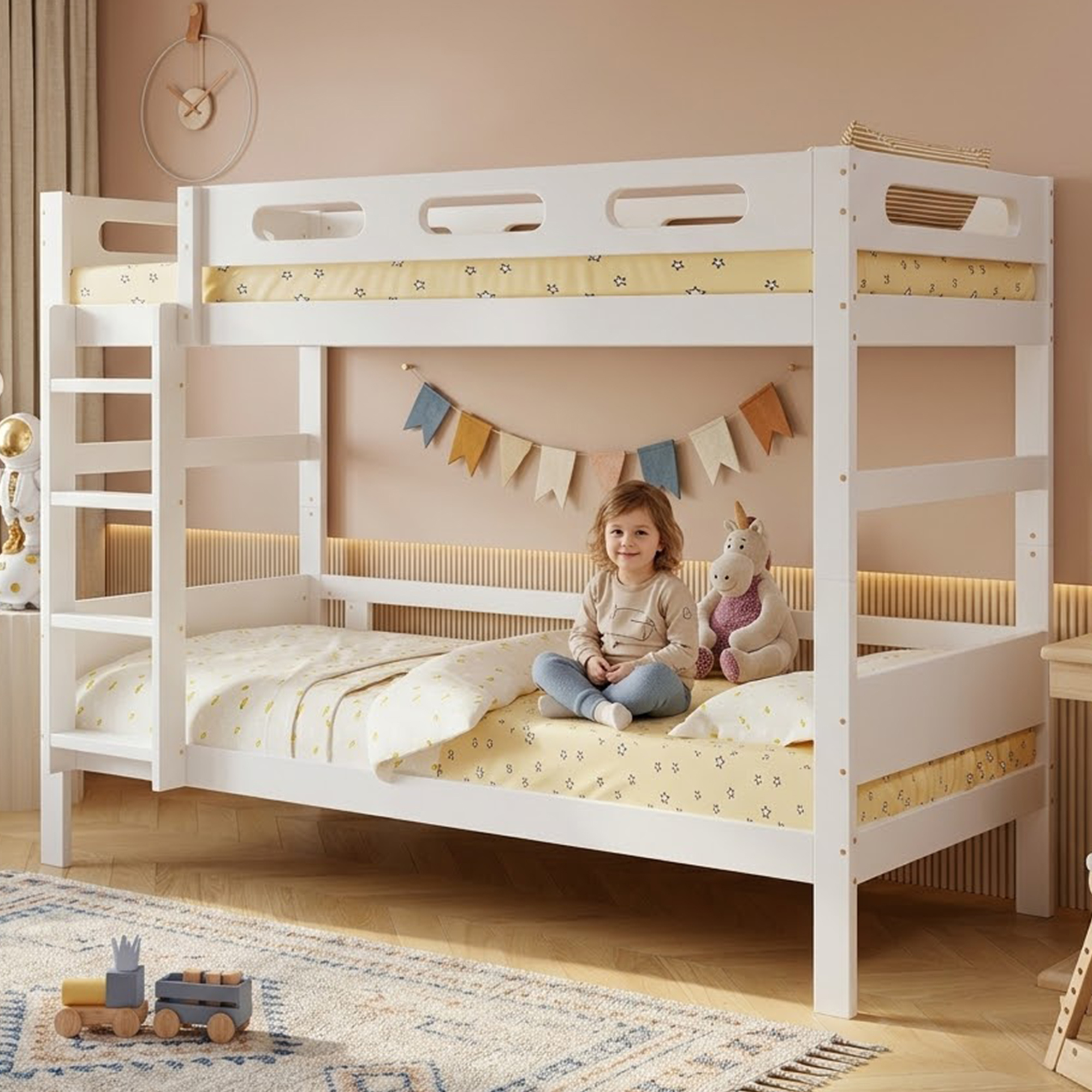 Lit superposé enfant 90x200 blanc bois échelle sécurité