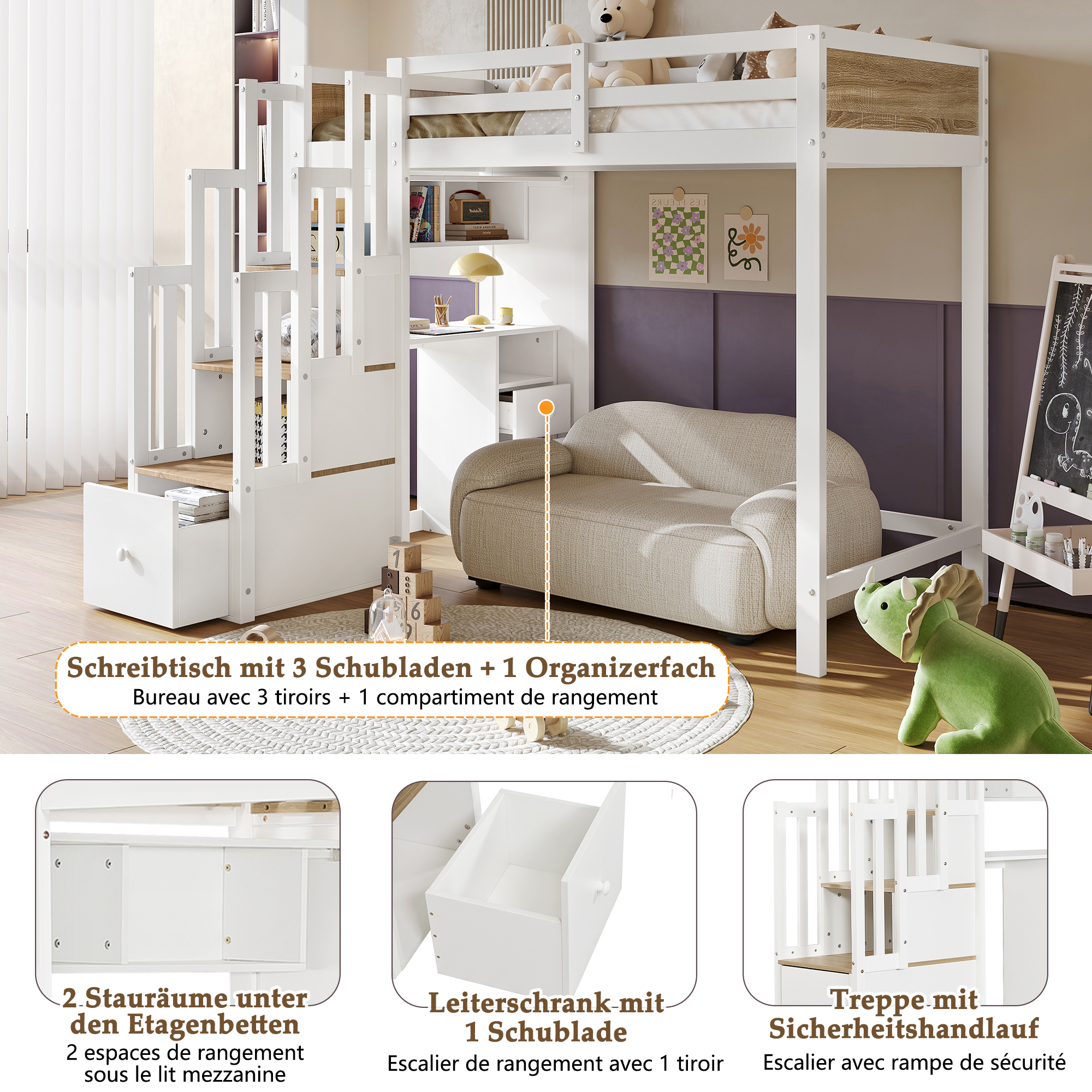 Vue complémentaire du lit mezzanine enfant avec bureau et rangement