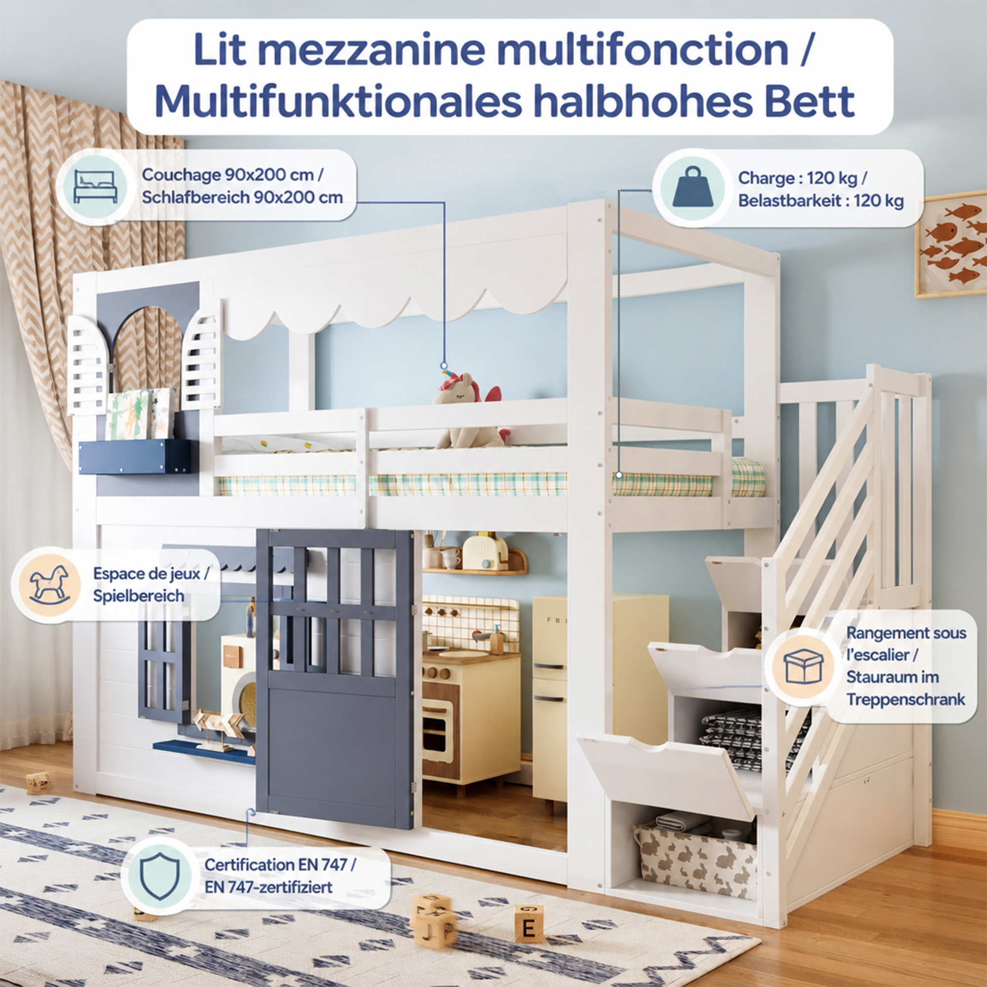 Dimensions du lit mezzanine enfant blanc et bleu 90 x 200 cm avec design maison