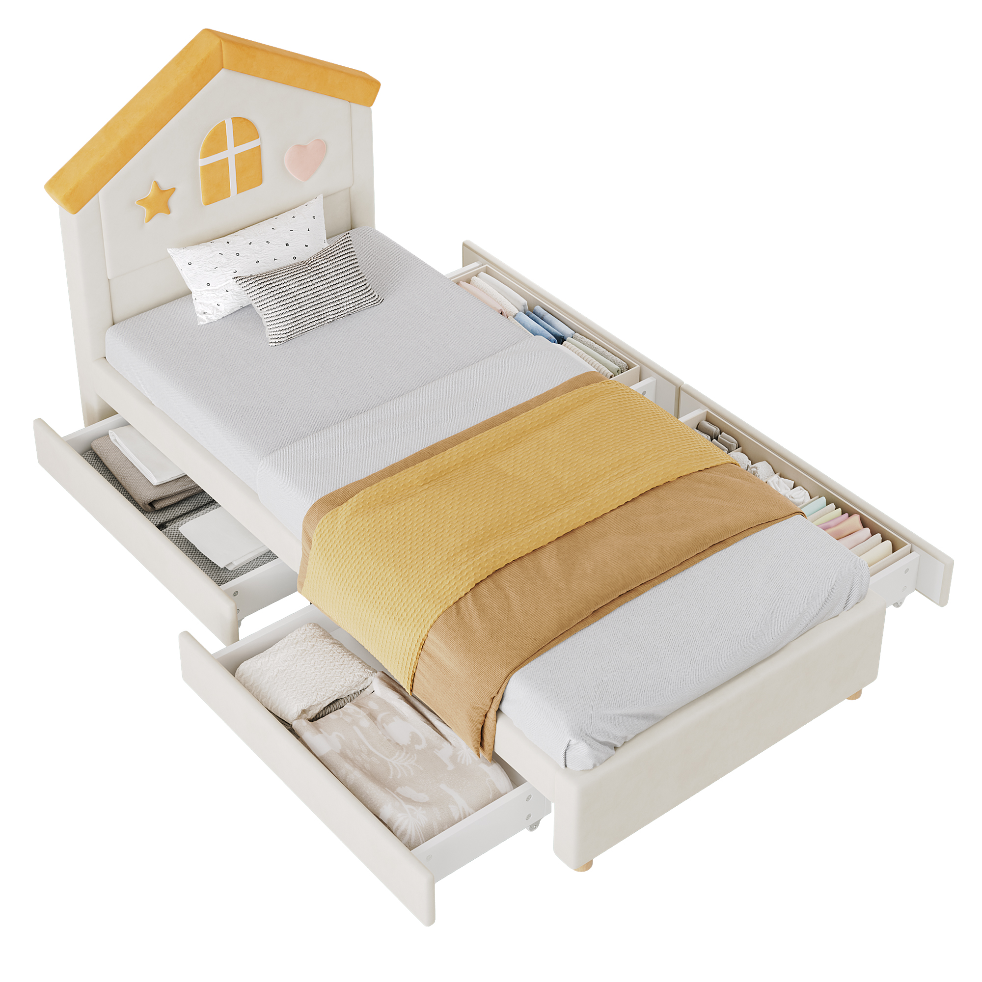 Lit cabane 90 x 200 cm avec 4 tiroirs, LED, ports de charge, velours, Beige - fonctions