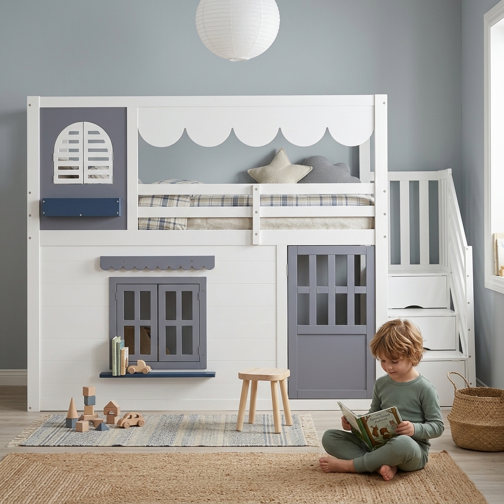Lit mezzanine enfant blanc et bleu 90 x 200 cm avec design maison et escalier de rangement