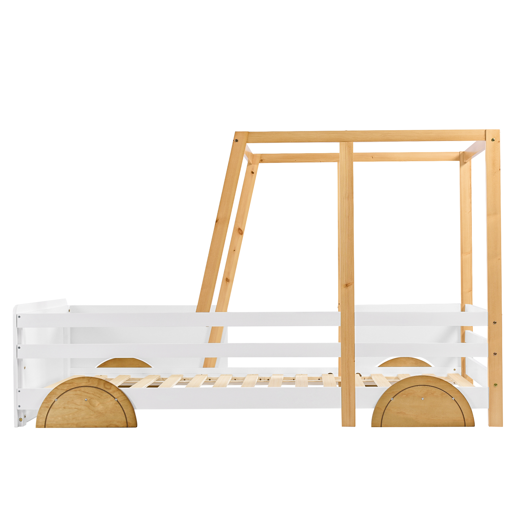Lit enfant en forme de voiture, couleurs blanc/naturel/marron, autocollants vis, pour chambre d'enfant, design ludique, rêve automobile, sécurité renforcée, style charmant, stabilité, décoration, fonctionnalité - image 12