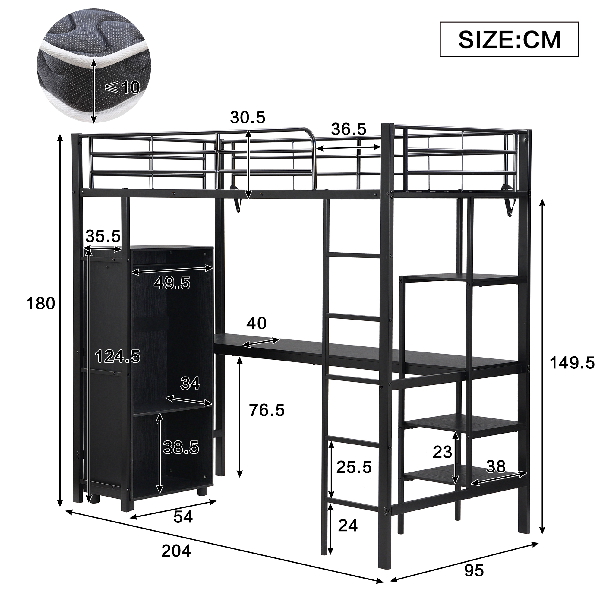 Lit mezzanine en fer noir avec bureau, placard et étagères, 90x200 cm 3