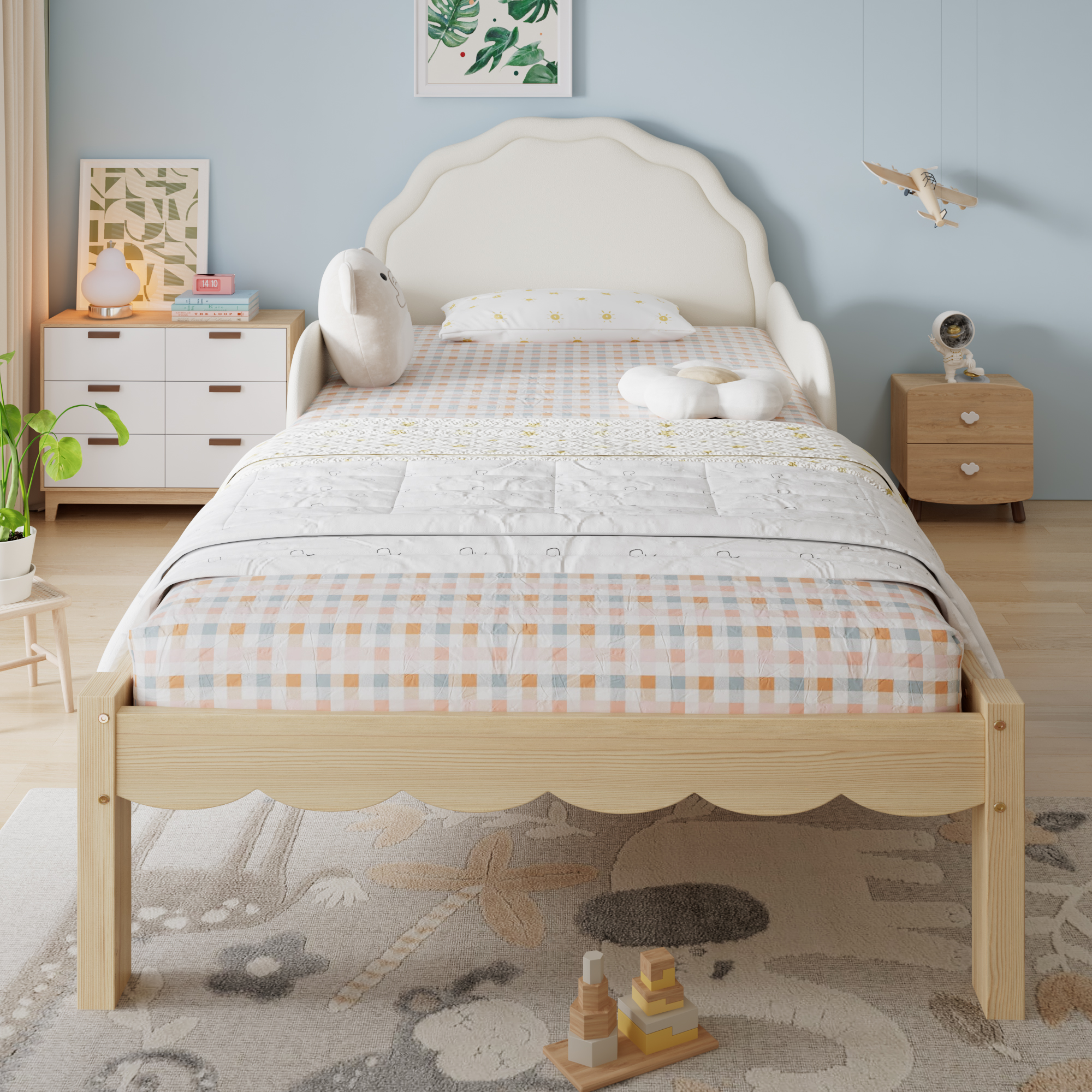 Lit enfant capitonné 90x200 beige bois tête de lit PU