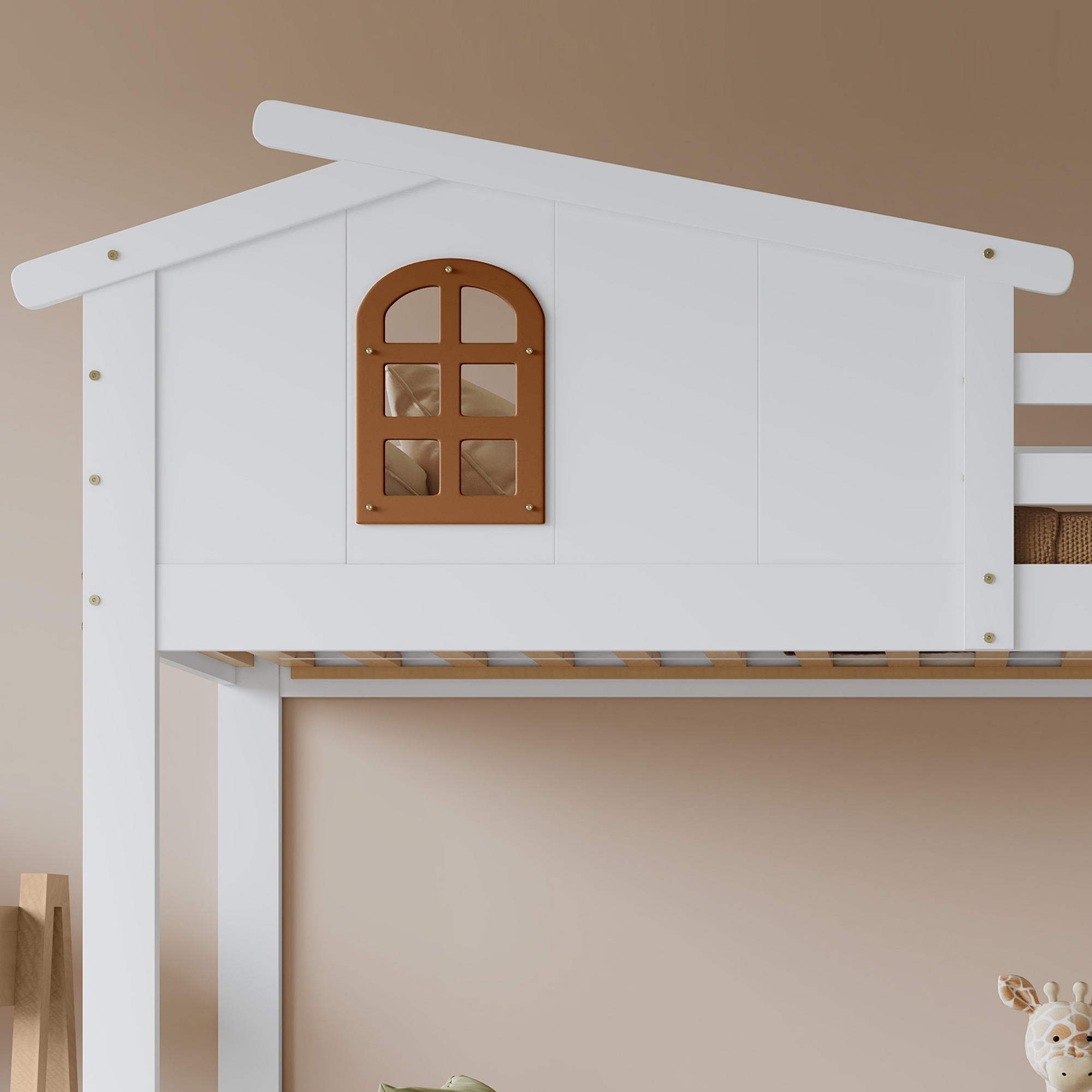 Lit superposé enfant pin/MDF/contreplaqué avec 2 tiroirs à roulettes, échelle-coffre d'angle, fenêtres exquises, pour chambre d'enfant, beaucoup de rangement, sécurité, design charmant, stabilité, durabilité - image 18