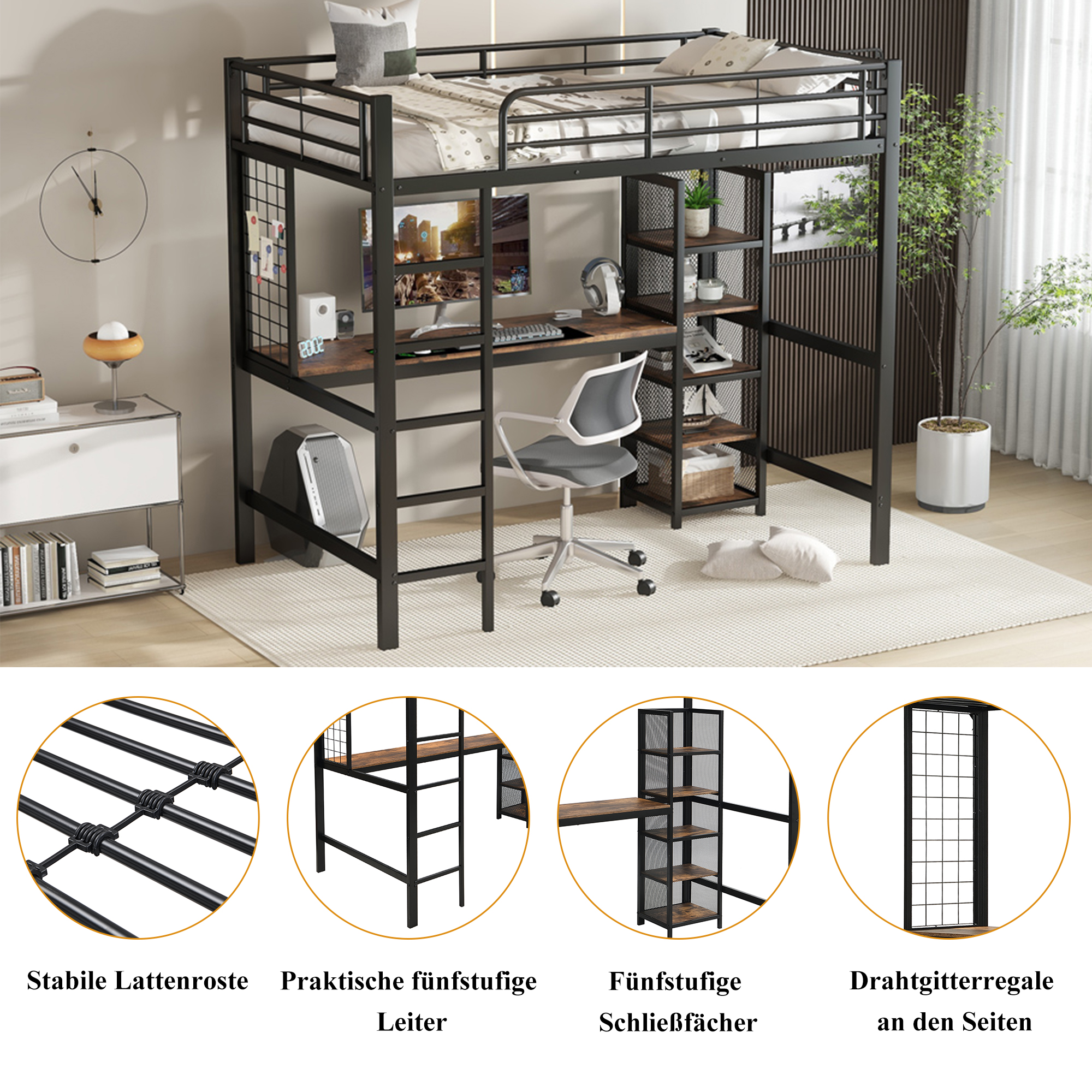 Hochbett, Eisenbett, Eisen + MDF, Mit Tisch und Re