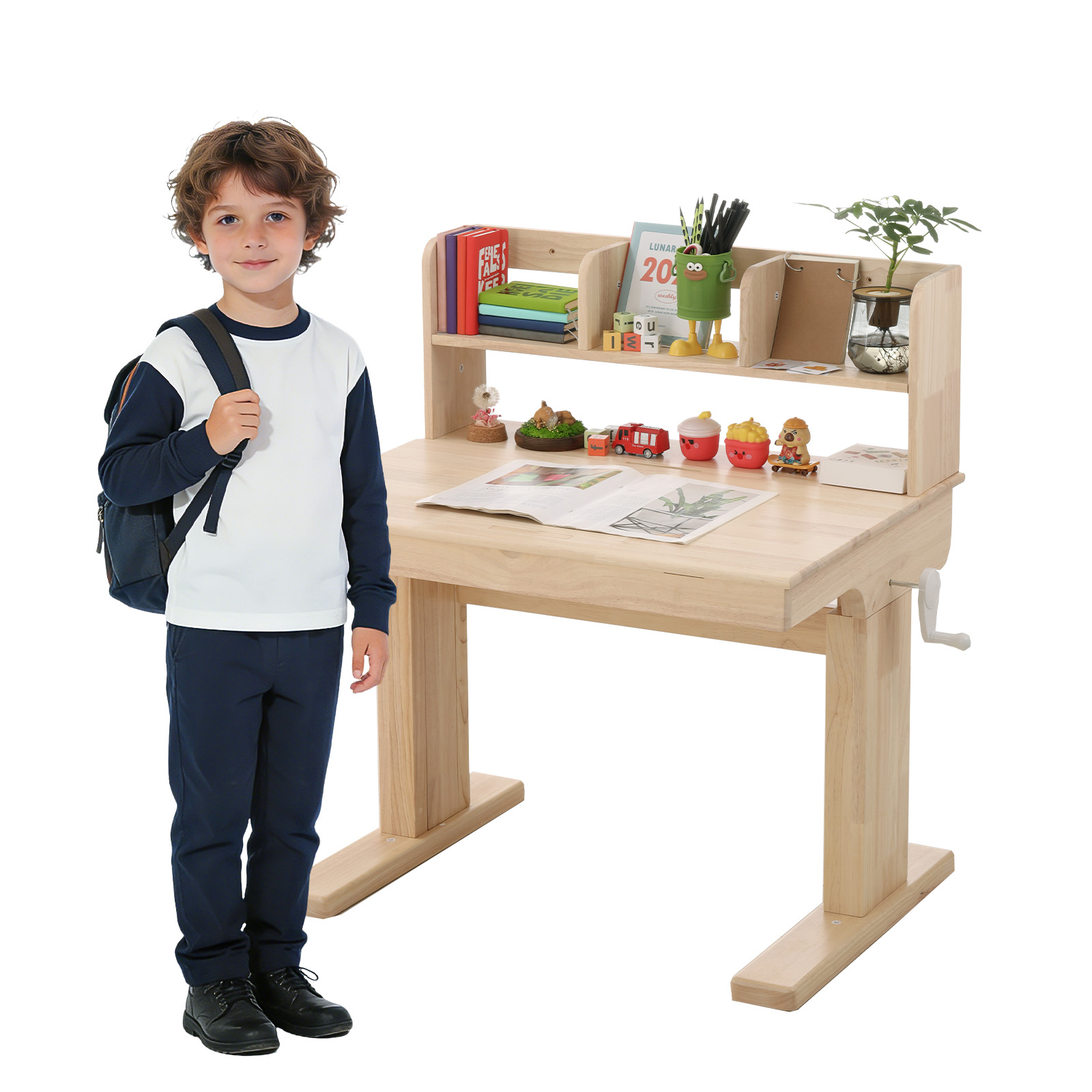 Bureau, pliable, hauteur réglable, rangement intégré, 92 x 60 x 89 cm, bois massif, bois naturel - vue 1