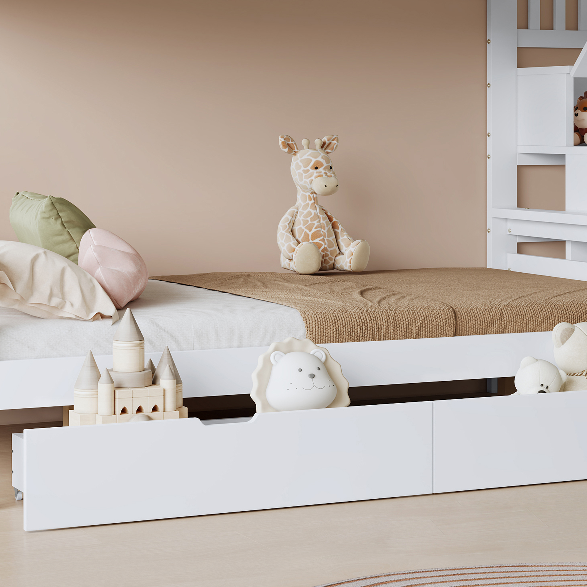Lit superposé enfant pin/MDF/contreplaqué avec 2 tiroirs à roulettes, échelle-coffre d'angle, fenêtres exquises, pour chambre d'enfant, beaucoup de rangement, sécurité, design charmant, stabilité, durabilité - image 17