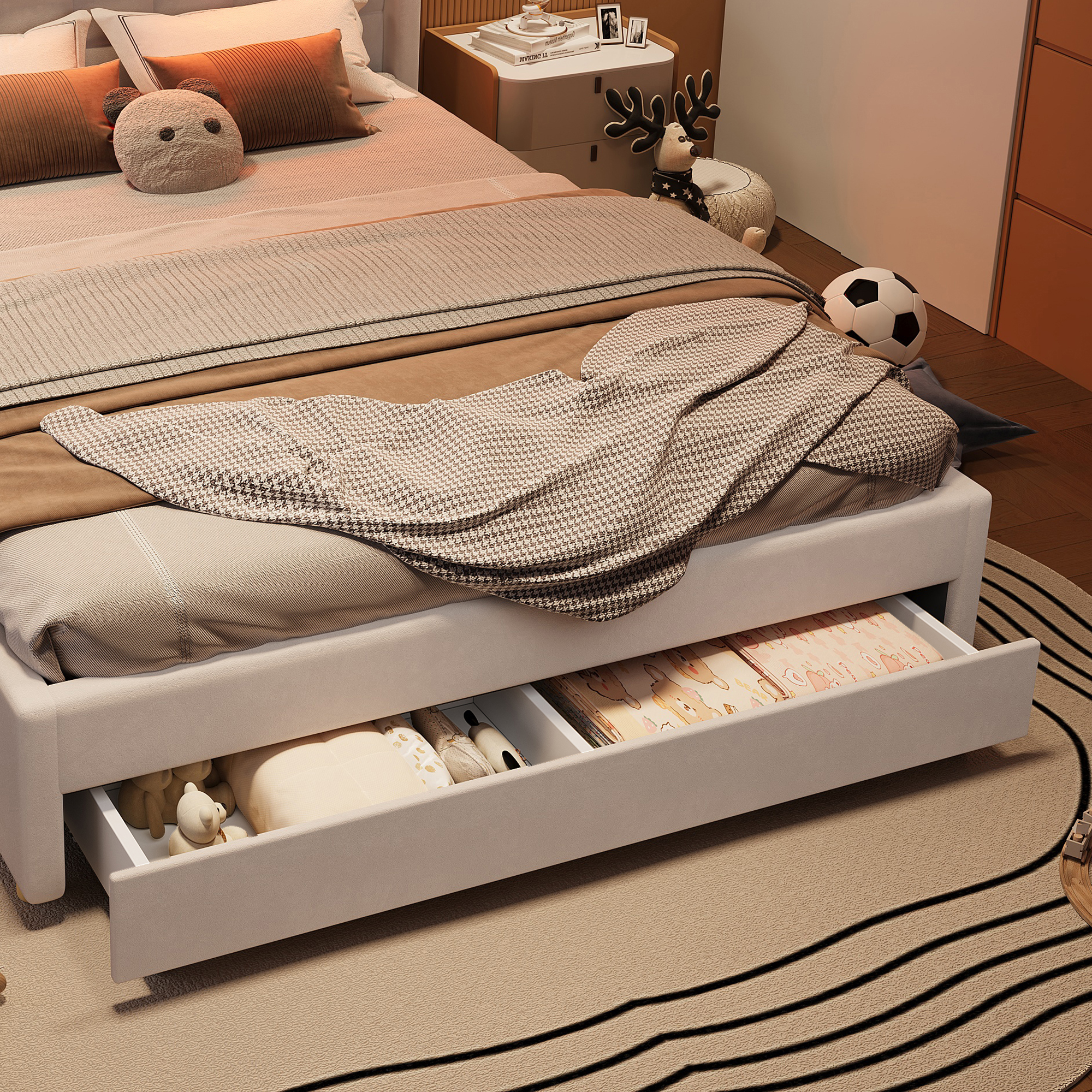 Lit cabane 140 x 200 cm avec échelle, toboggan, LED, ports de charge, velours, Beige - vue complémentaire