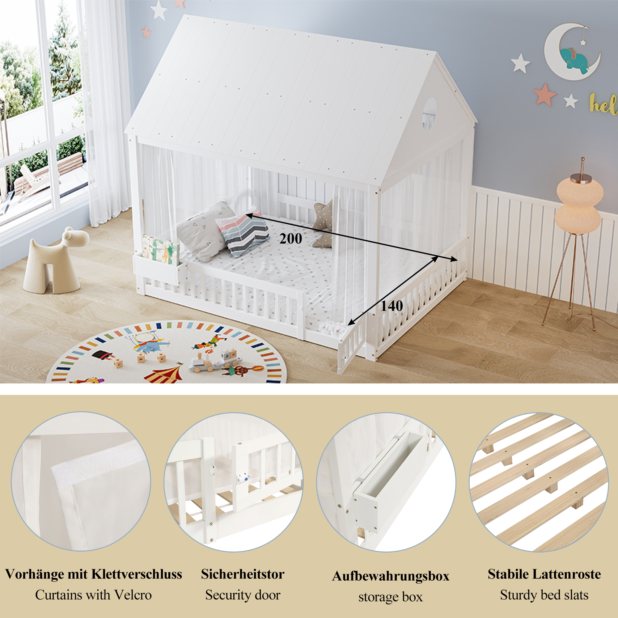 Lit maison enfant 140x200 cm en bois de pin MDF et - image 2