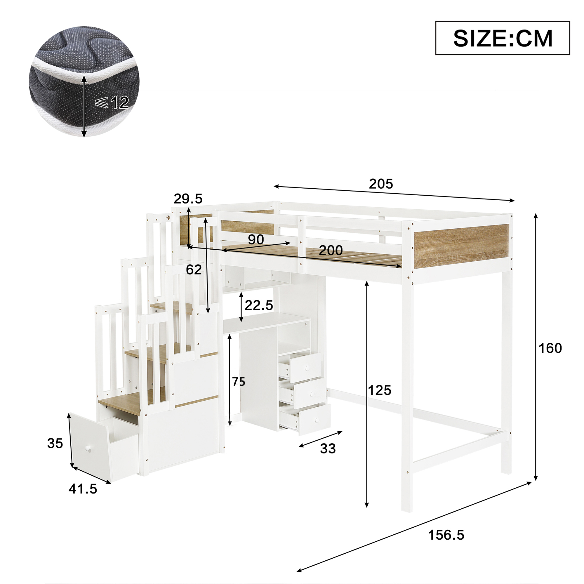 Vue complémentaire du lit mezzanine enfant avec bureau et rangement
