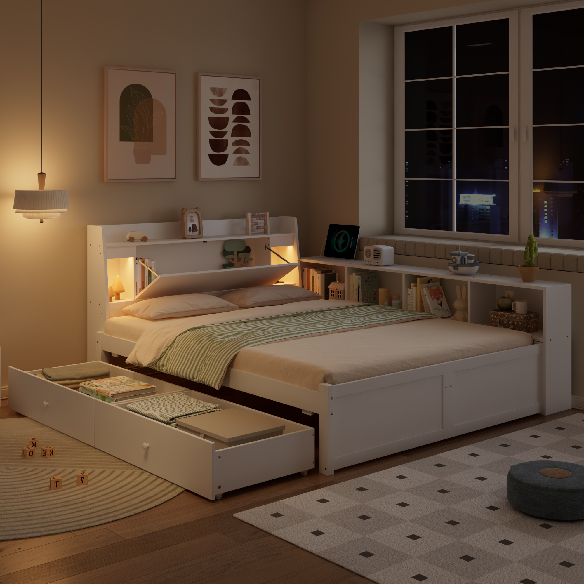 Doppelbett, Paneelbett, Kopfteil mit Ablagefach + 
