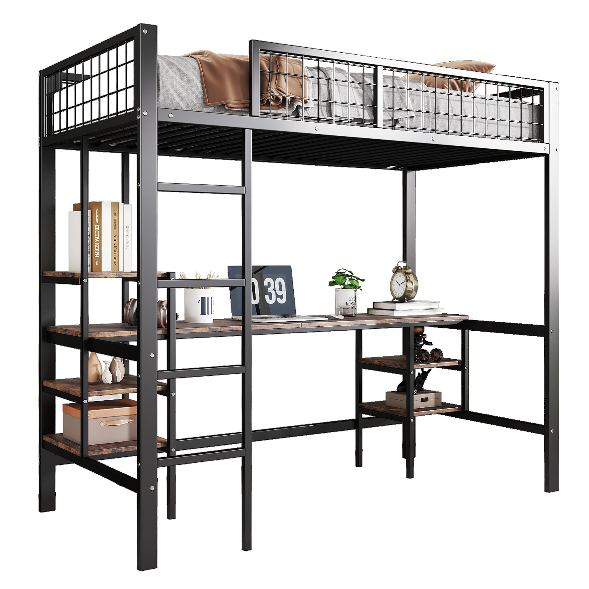 Lit superposé en fer avec échelle 4 marches, niveau inférieur transformé en espace travail et divertissement avec bureau et étagères, design polyvalent maximise l'espace, robuste et durable, pour chambre d'enfant - image 10