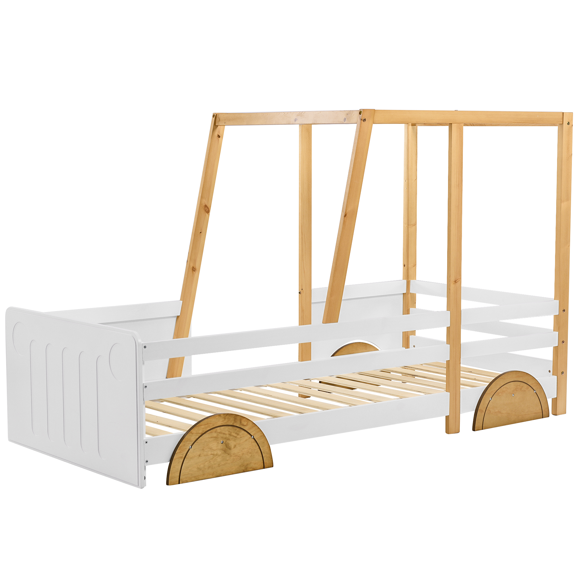 Lit enfant en forme de voiture, couleurs blanc/naturel/marron, autocollants vis, pour chambre d'enfant, design ludique, rêve automobile, sécurité renforcée, style charmant, stabilité, décoration, fonctionnalité - image 14