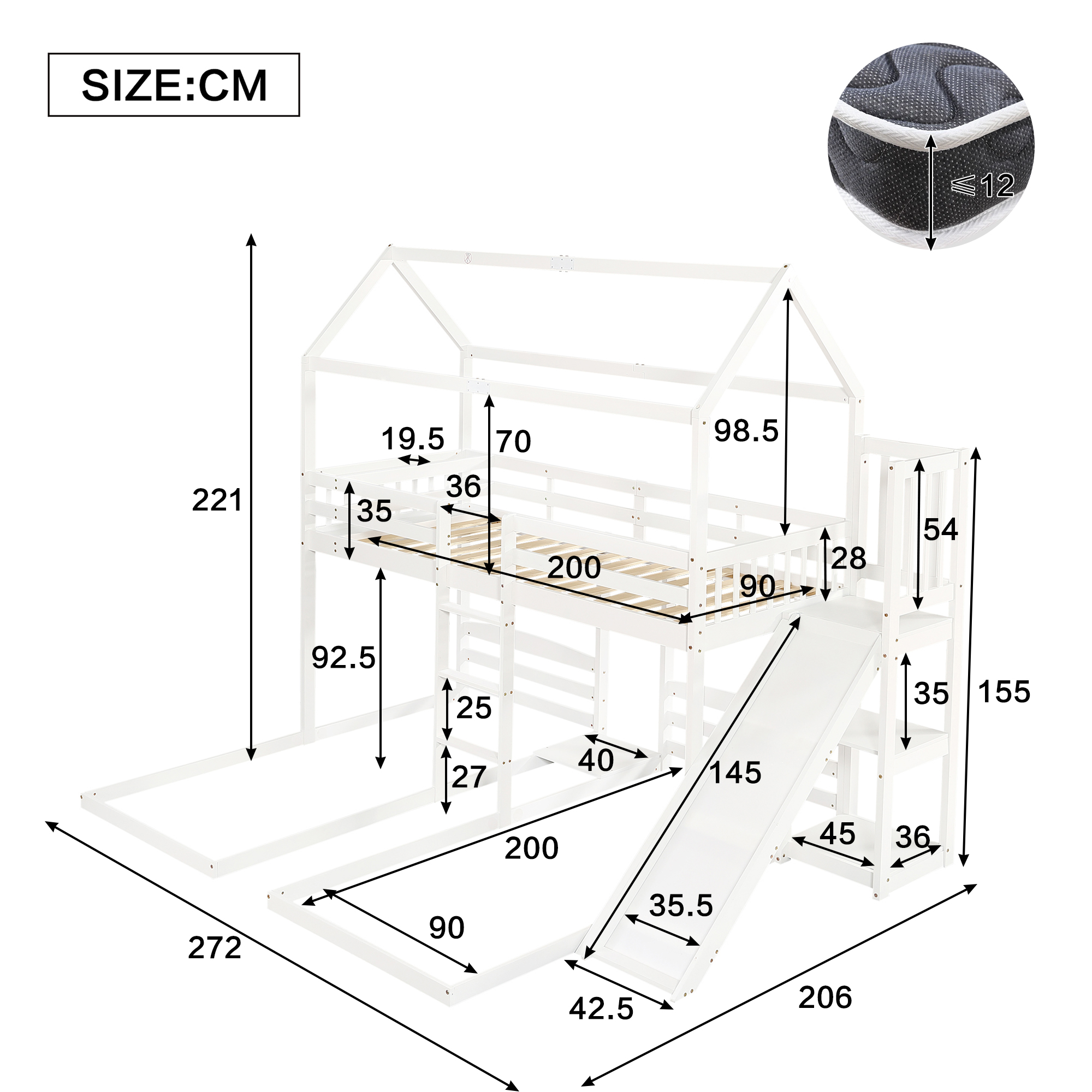 Lit superposé enfant avec toit, toboggan et rangement intégré, pin et MDF, blanc, 90x200 cm 3